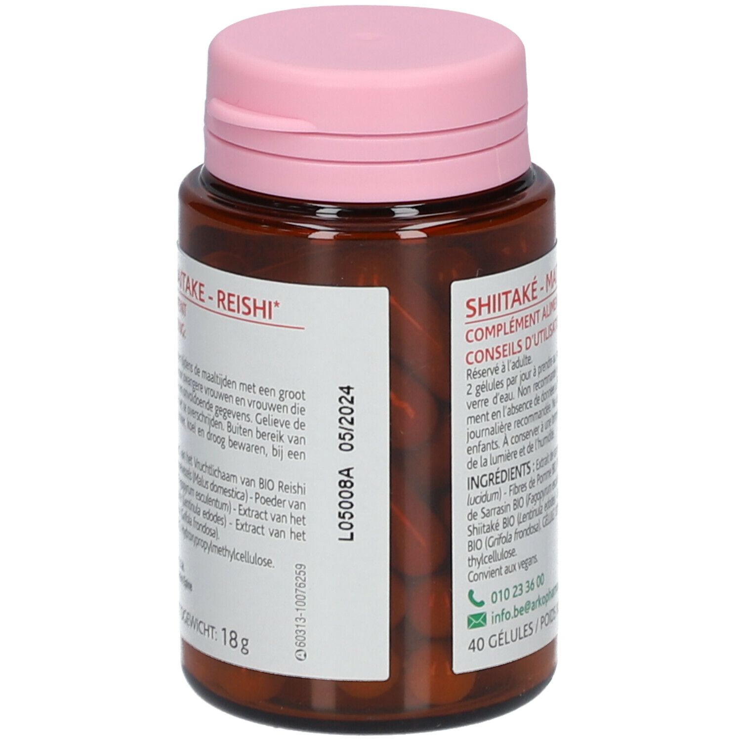 Rückseite der Flasche. Aufschrift: Shiitake-Maitake-Reishi, Nahrungsergänzungsmittel. Mindesthaltbarkeitsdatum: 05/2024.
