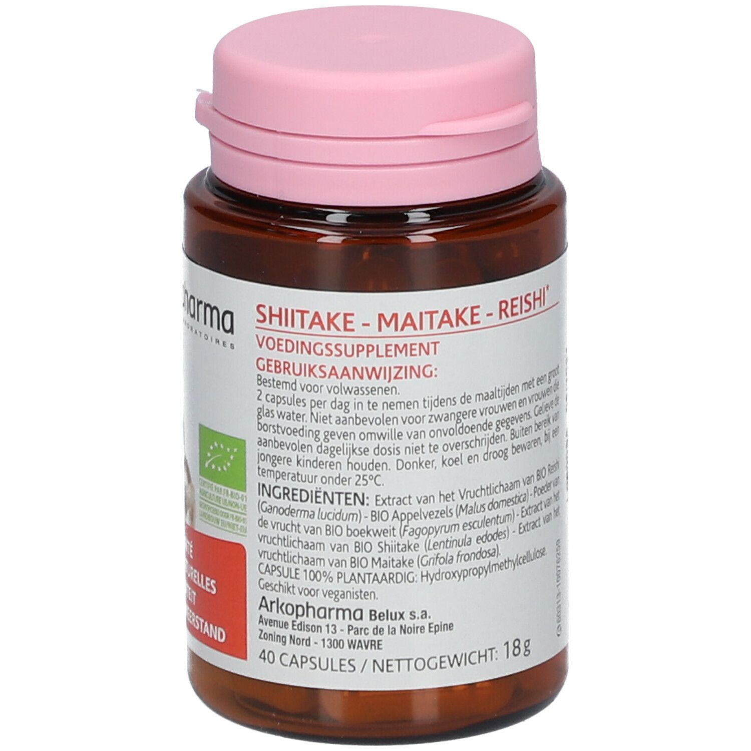 Flasche mit rosa Deckel. Aufschrift: Shiitake-Maitake-Reishi, Nahrungsergänzungsmittel. 40 Kapseln, 18g.