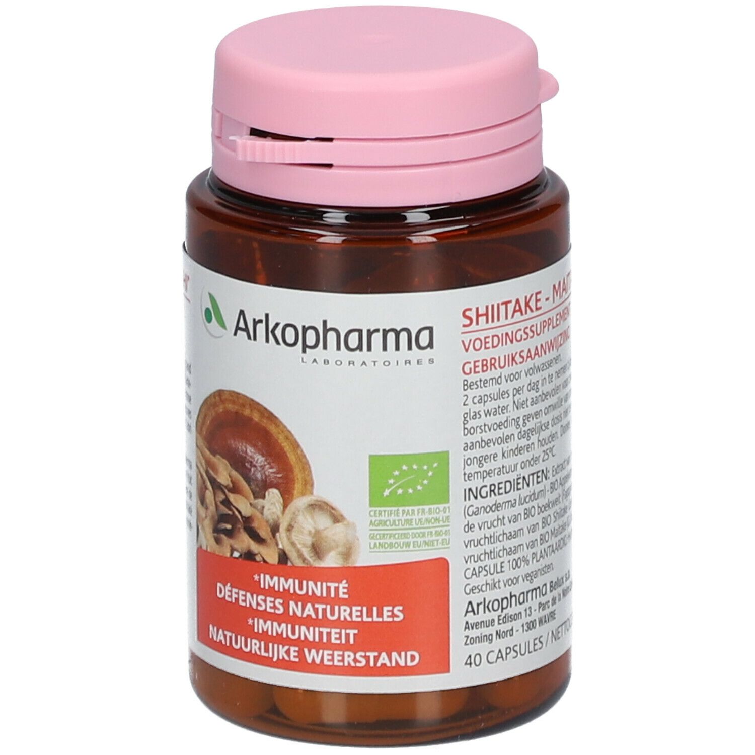 Flasche mit rosa Deckel. Aufschrift: Shiitake-Maitake-Reishi, Immunität, Natürliche Abwehrkräfte. Bio-Siegel.