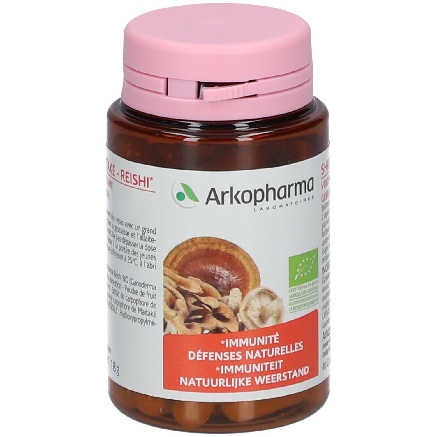 Flasche mit rosa Deckel. Aufschrift: Shiitake-Maitake-Reishi, Immunität, Natürliche Abwehrkräfte. Bio-Siegel.