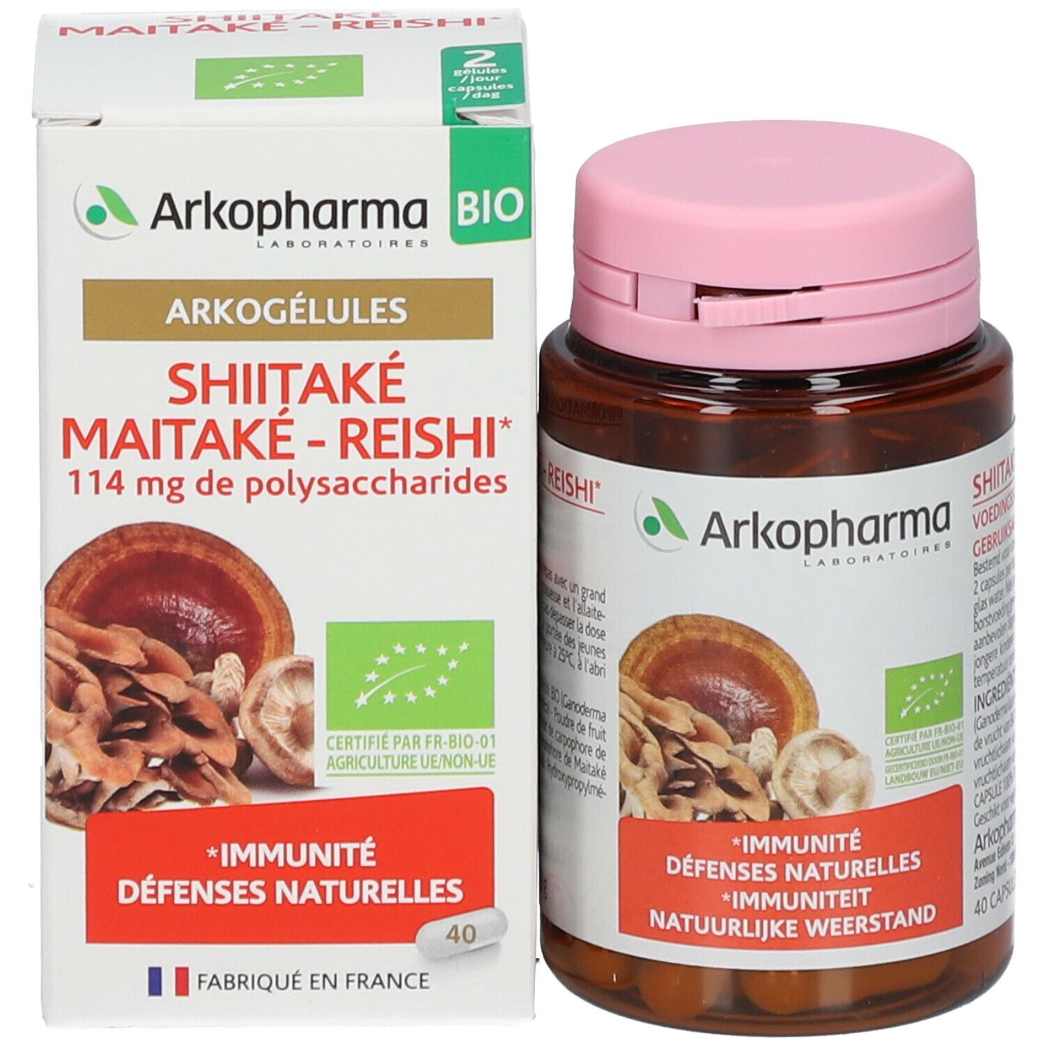Produkt und Verpackung. Flasche und Schachtel. Aufschrift: Arkopharma, Shiitake-Maitake-Reishi, 114 mg Polysaccharide.