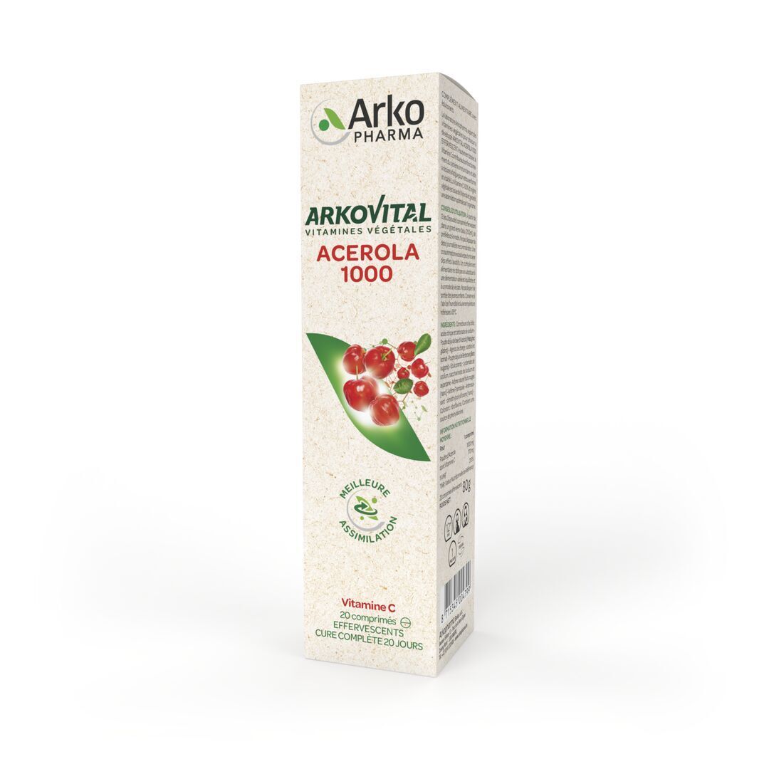Boîte Arkovital Acerola 1000. Nom du produit, illustration d'acérola, informations et logo. 20 comprimés effervescents.