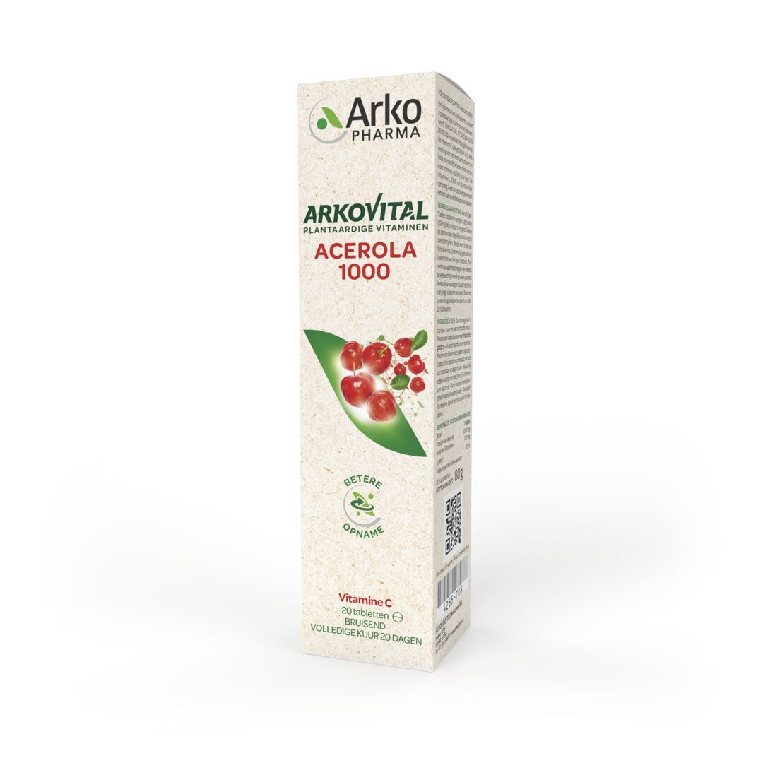 Doos Arkovital Acerola 1000. Productnaam, acerola-illustratie, informatie en logo. 20 bruistabletten.