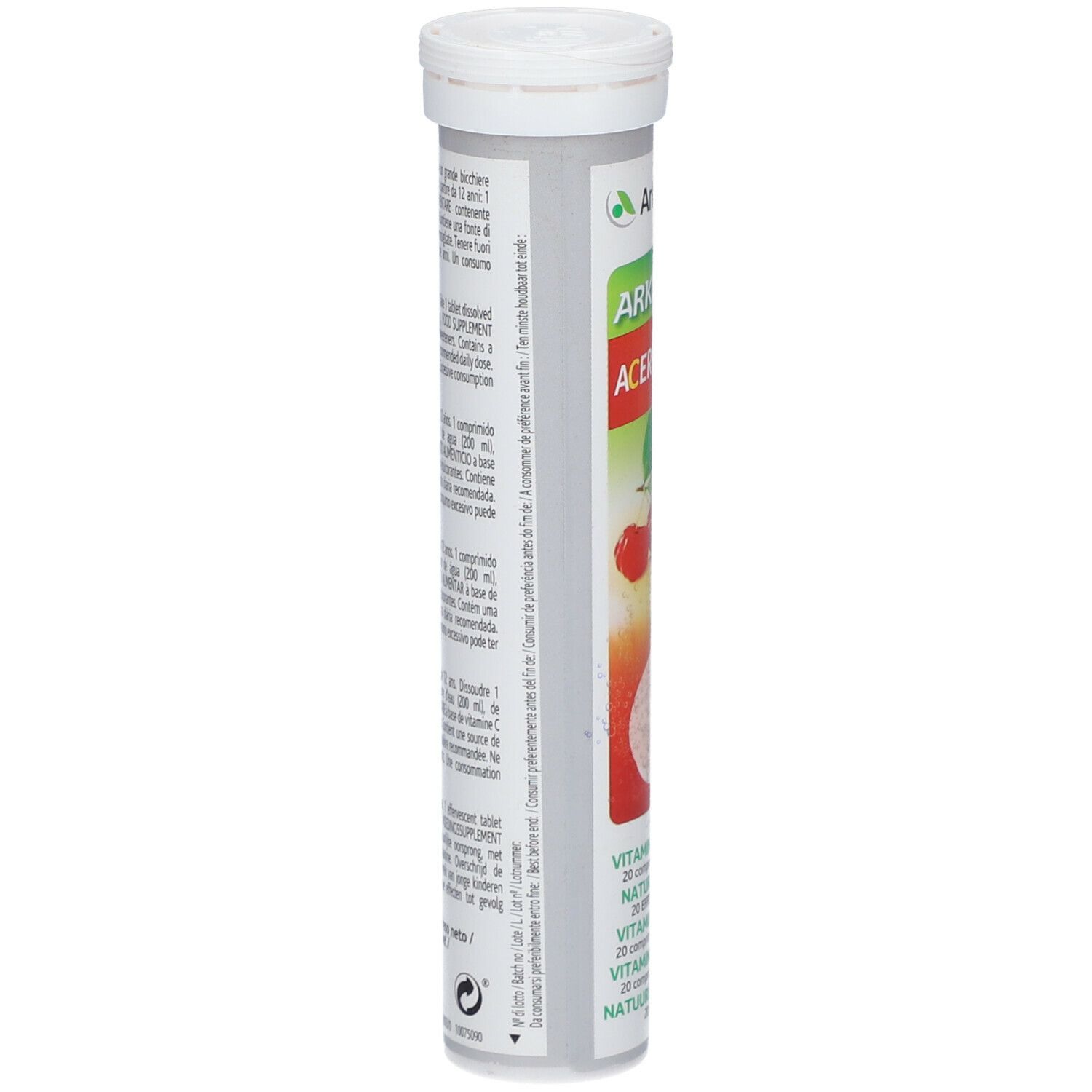 Dos du tube Arkovital Acerola 1000. Informations textuelles en plusieurs langues, dont l'allemand et le français.