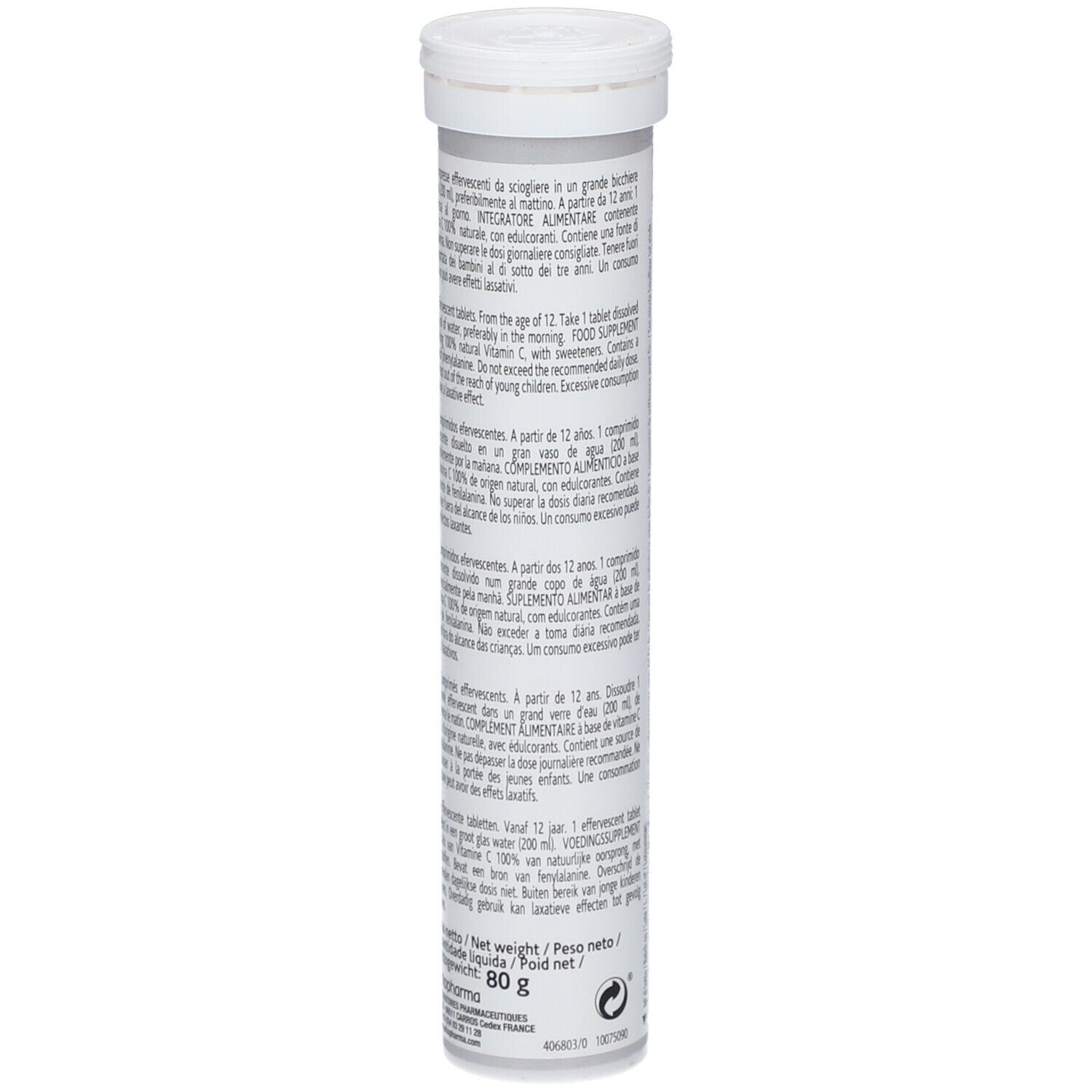 Dos du tube Arkovital Acerola 1000. Informations textuelles, y compris les instructions d'utilisation et les ingrédients.