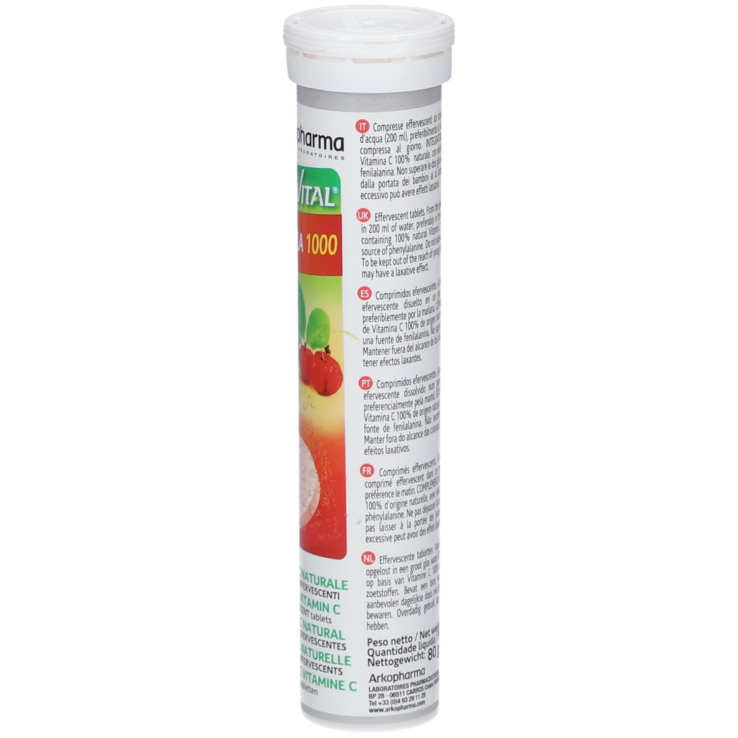 Dos du tube Arkovital Acerola 1000. Informations textuelles, y compris les instructions d'utilisation et les ingrédients.