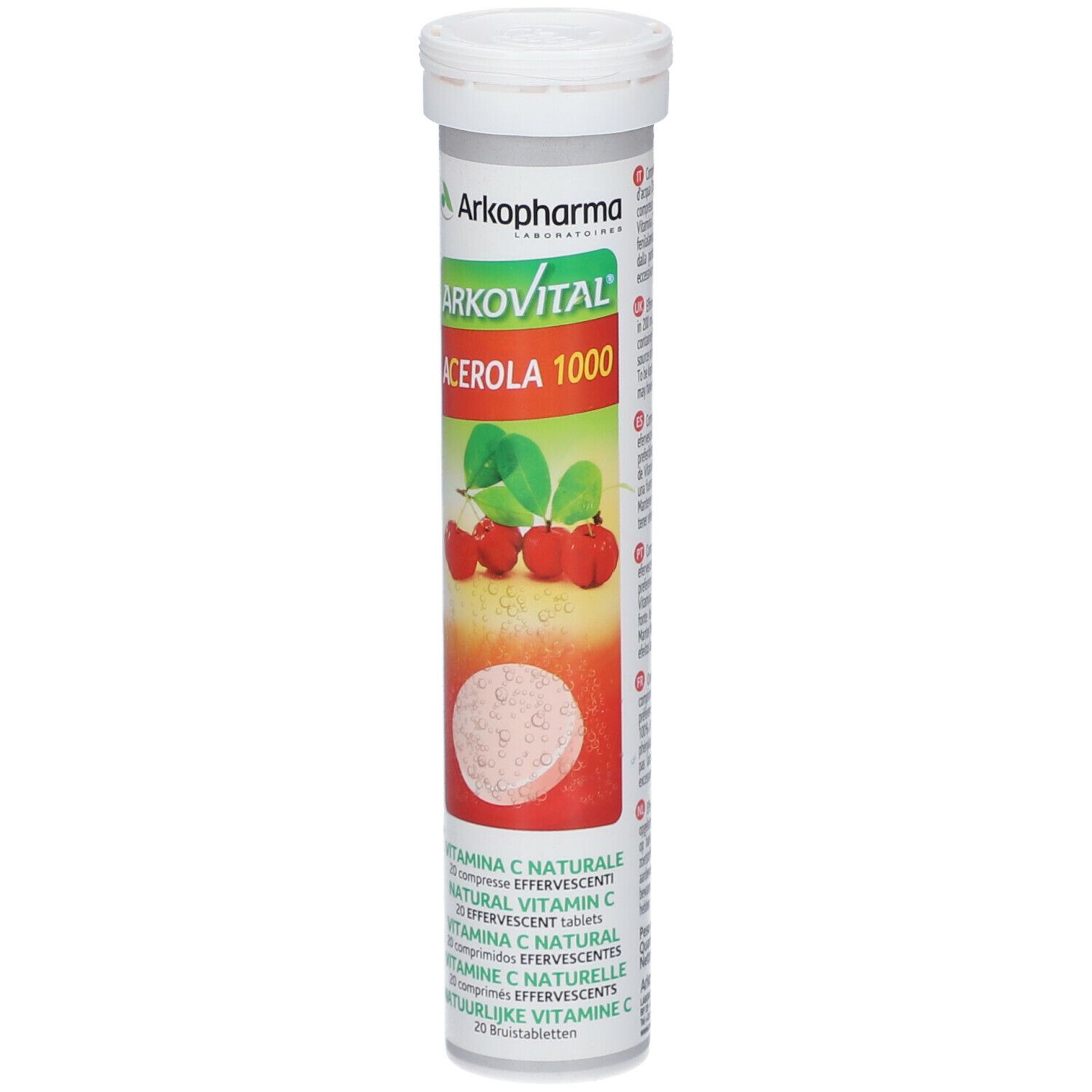 Tube Arkovital Acerola 1000. Inscriptions : nom du produit, illustration d'acérola et informations. 20 comprimés effervescents.