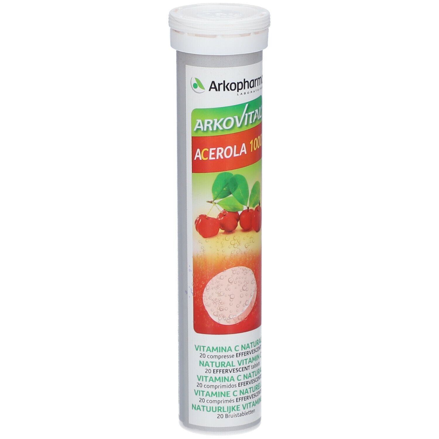 Tube Arkovital Acerola 1000. Inscriptions : nom du produit, illustration d'acérola et informations. 20 comprimés effervescents.