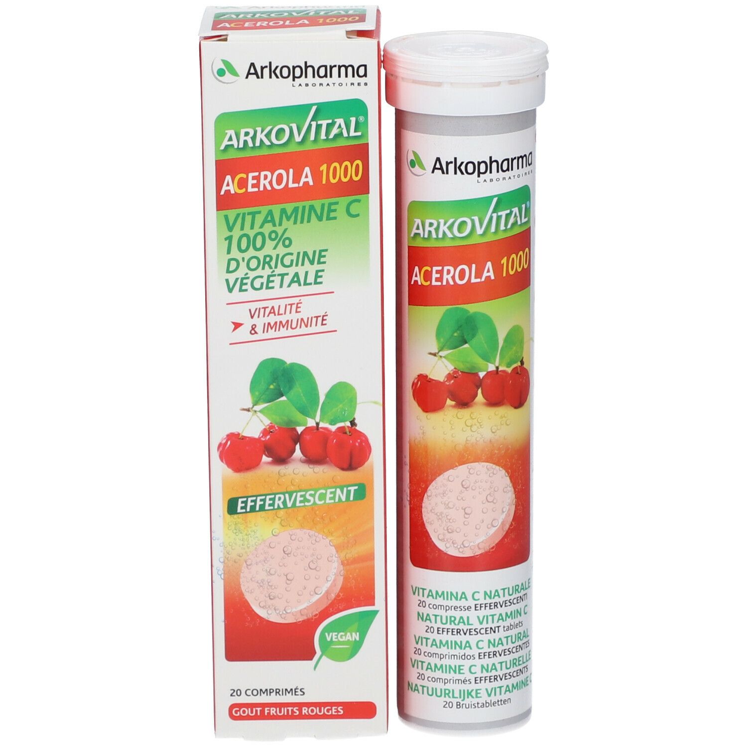 Boîte et tube Arkovital Acerola 1000. Boîte avec nom du produit, illustration d'acérola et informations. 20 comprimés effervescents.