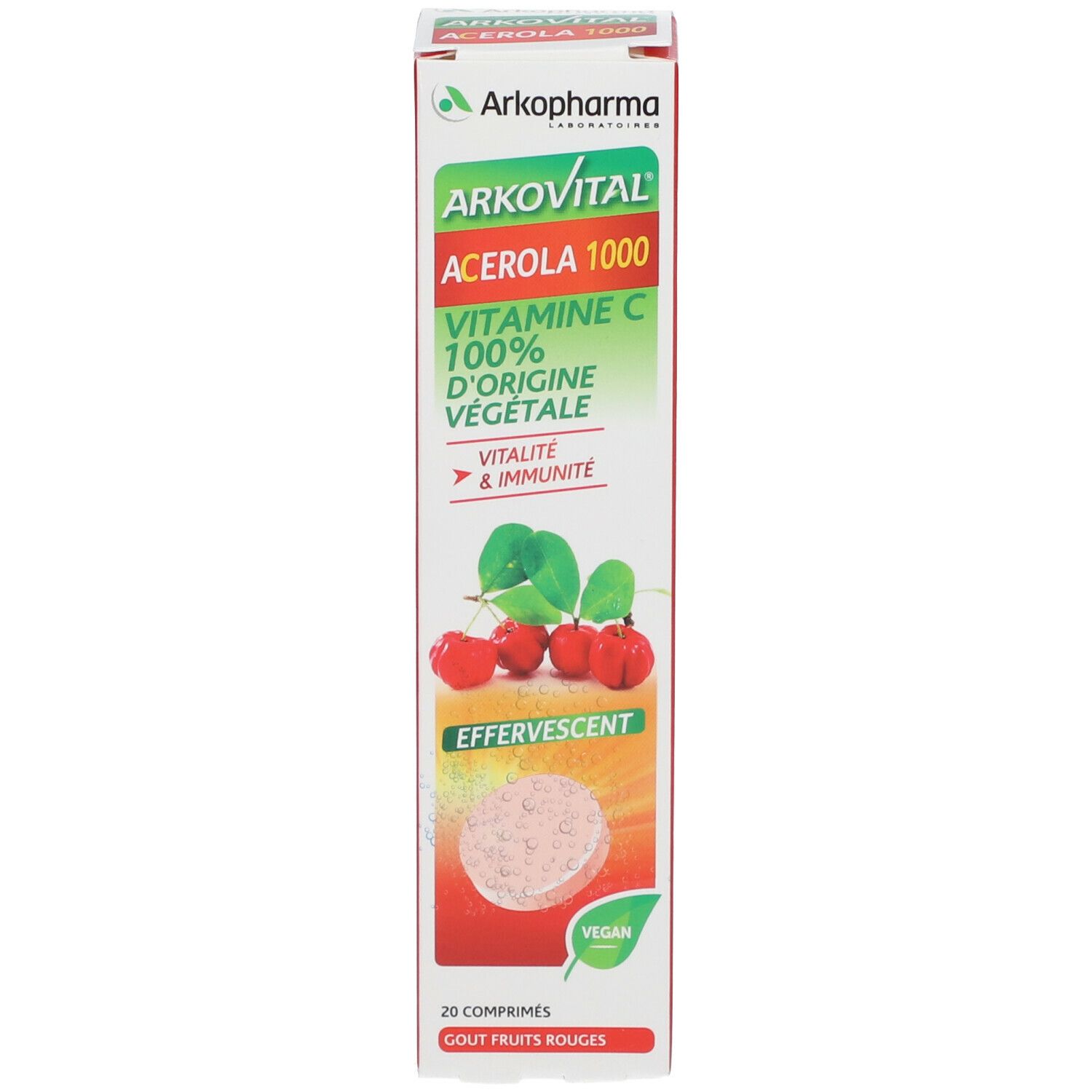 Boîte Arkovital Acerola 1000. Boîte avec nom du produit, illustration d'acérola et informations. 20 comprimés effervescents.