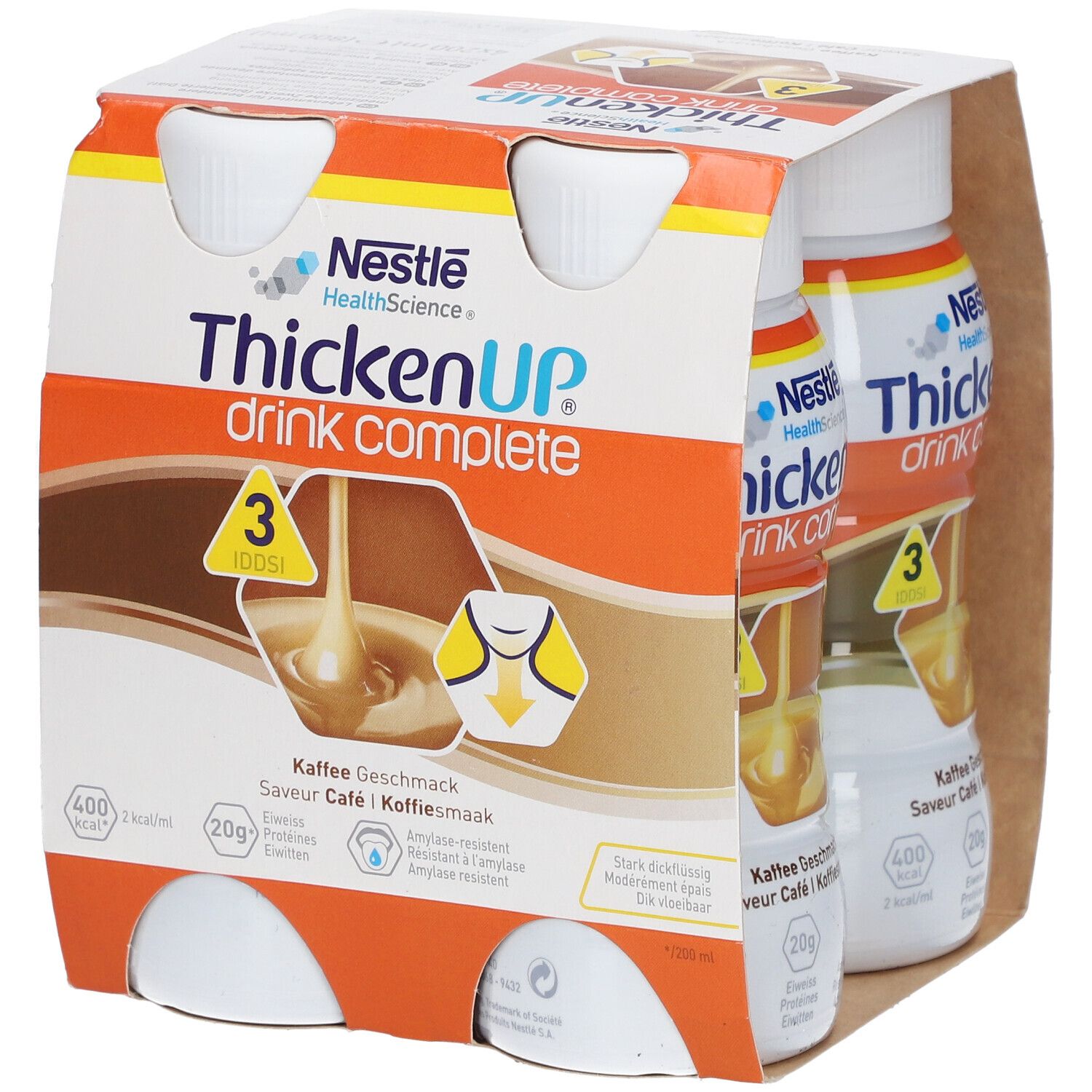 Verpakking met vier flessen ThickenUP Complete Drink Café. Opschrift: Nestle HealthScience. 3 doseringen.