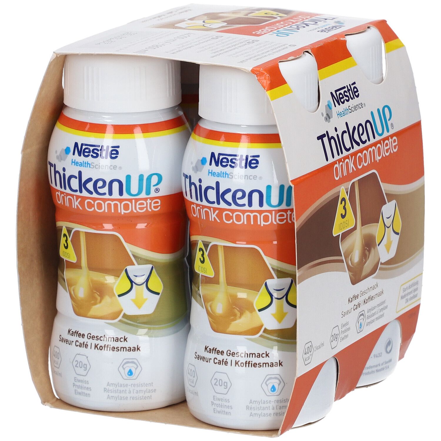 Verpakking met vier flessen ThickenUP Complete Drink Café. Opschrift: Nestle HealthScience. 3 doseringen.