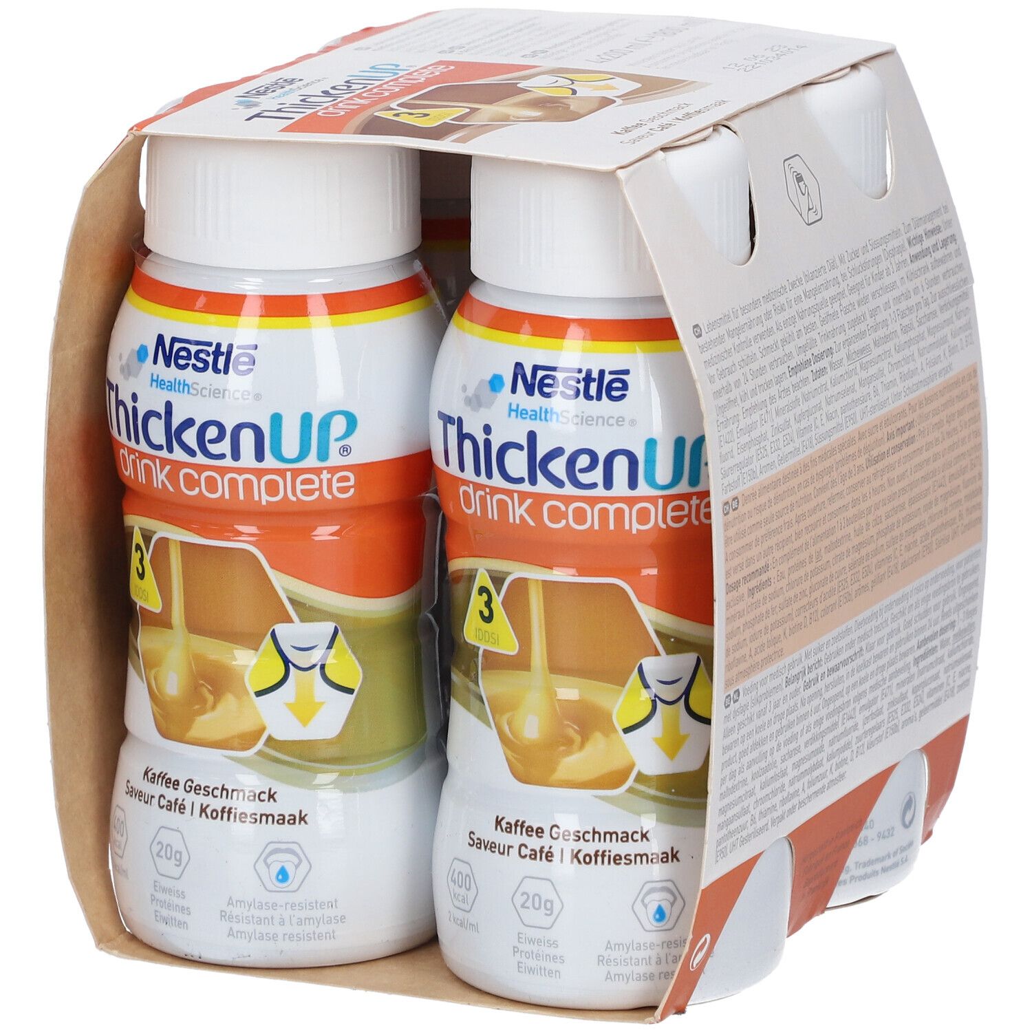 Verpakking met vier flessen ThickenUP Complete Drink Café. Opschrift: Nestle HealthScience. 3 doseringen.