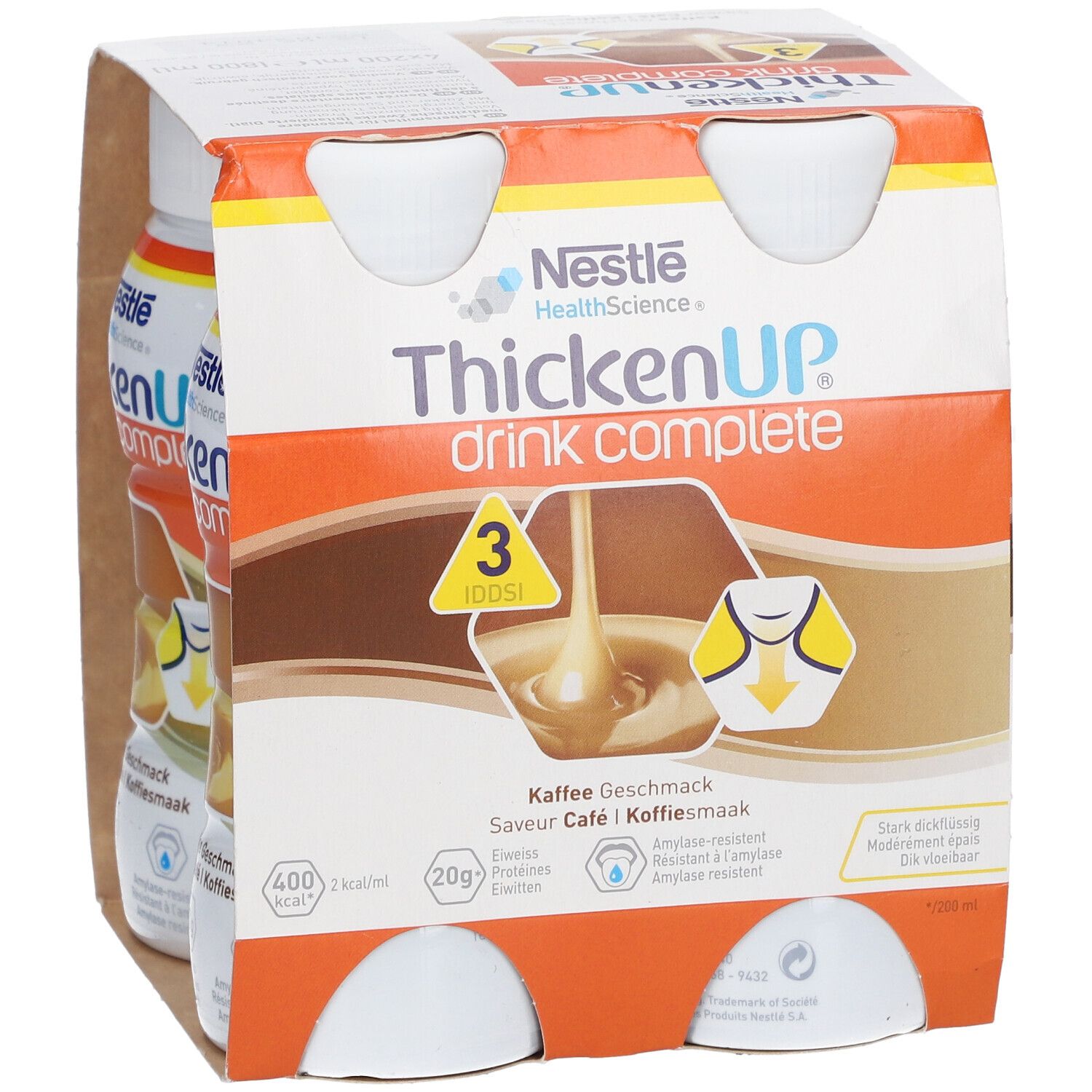 Verpakking met vier flessen ThickenUP Complete Drink Café. Opschrift: Nestle HealthScience. 3 doseringen.