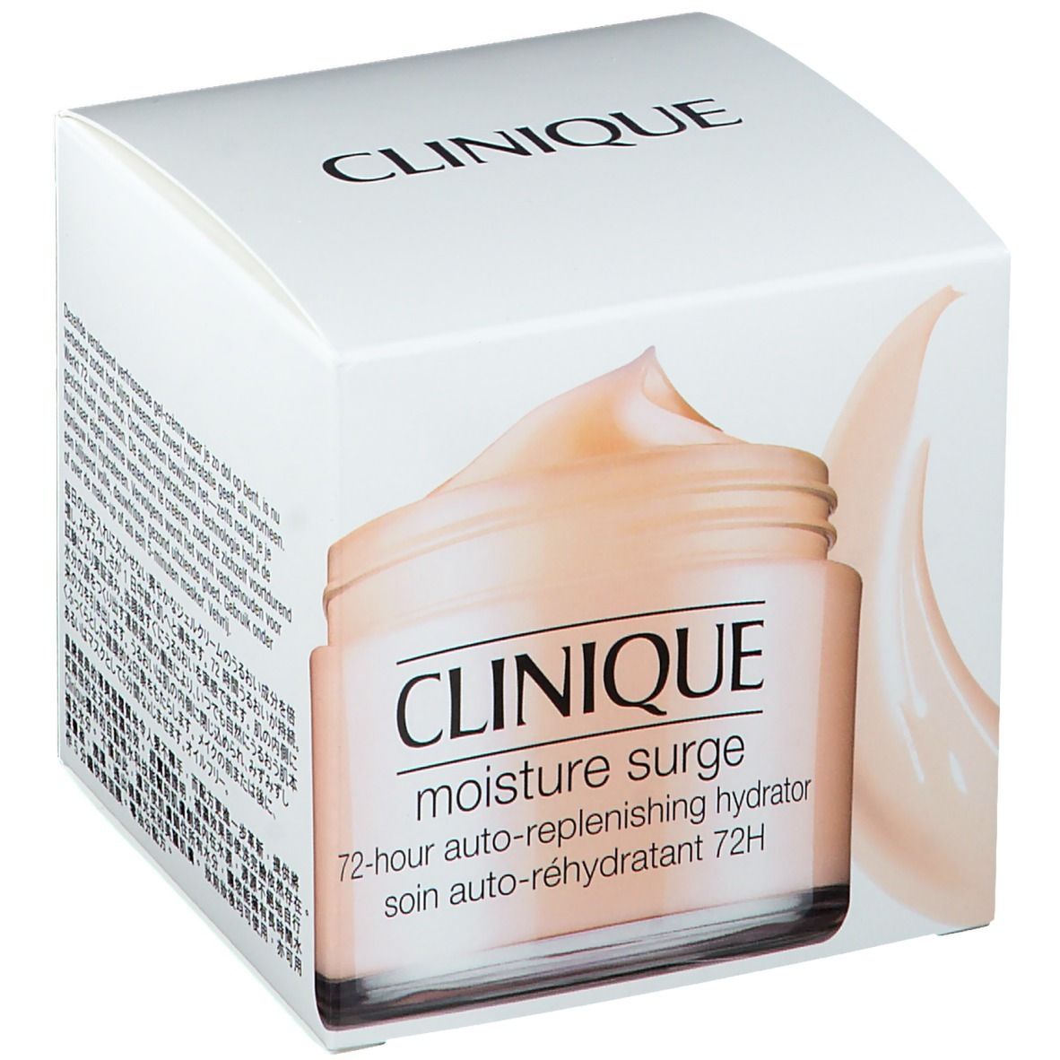 Boîte blanche avec image du produit. Inscription CLINIQUE, moisture surge, 72-hour auto-replenishing hydrator.