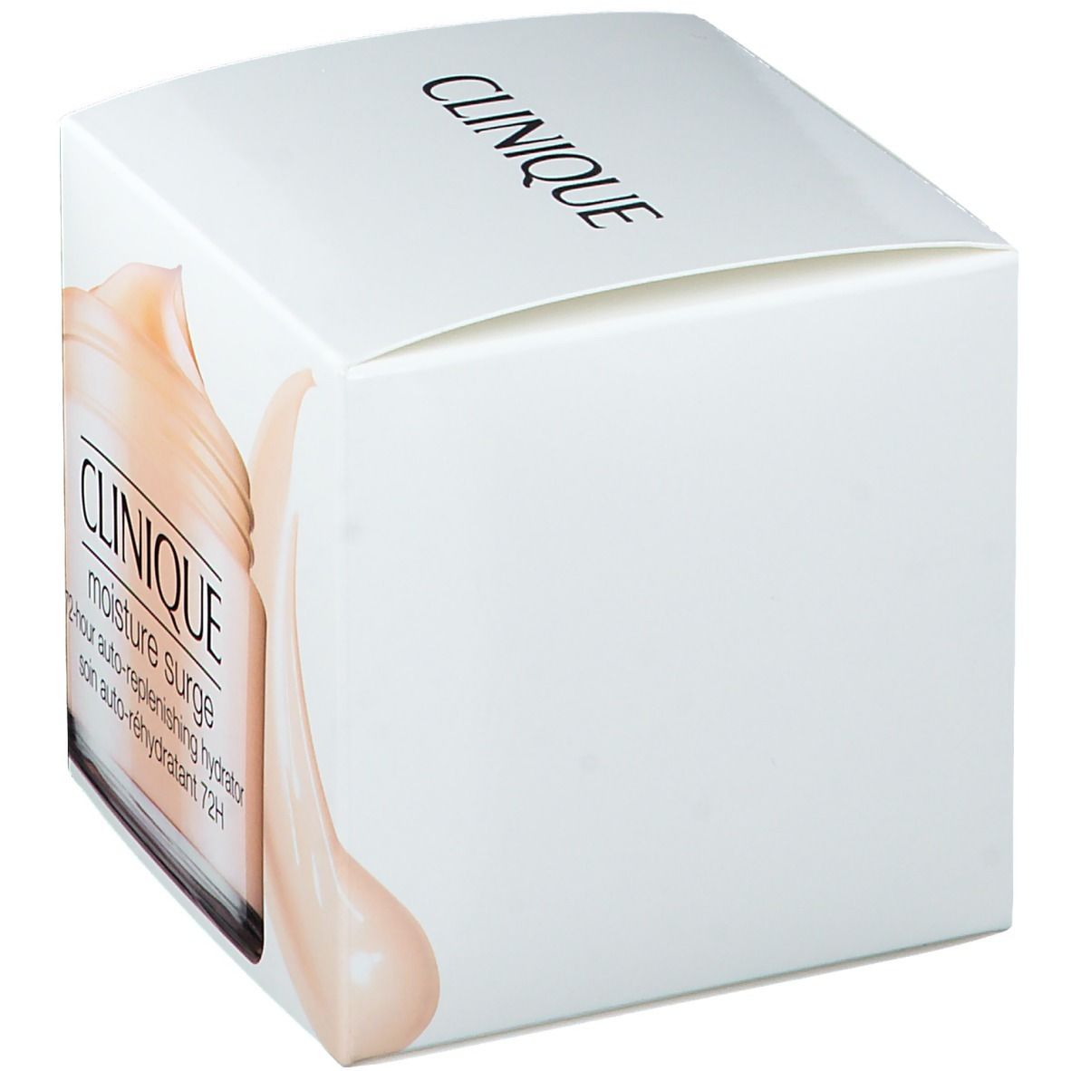 Emballage blanc avec logo CLINIQUE. Image partielle du produit moisture surge.