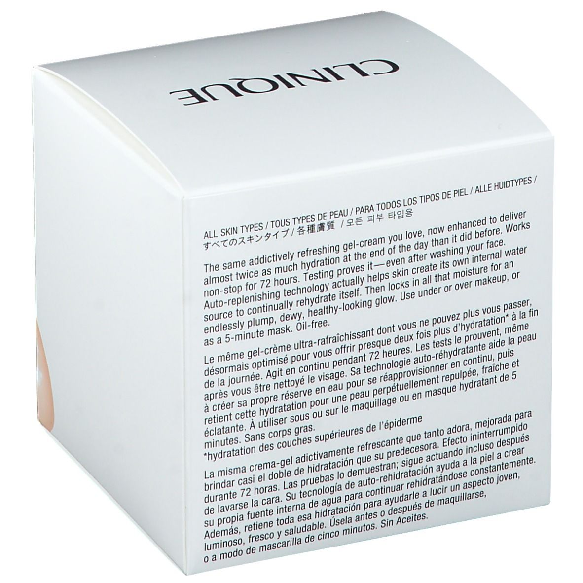 Emballage blanc avec texte. Inscription CLINIQUE. Texte en plusieurs langues.