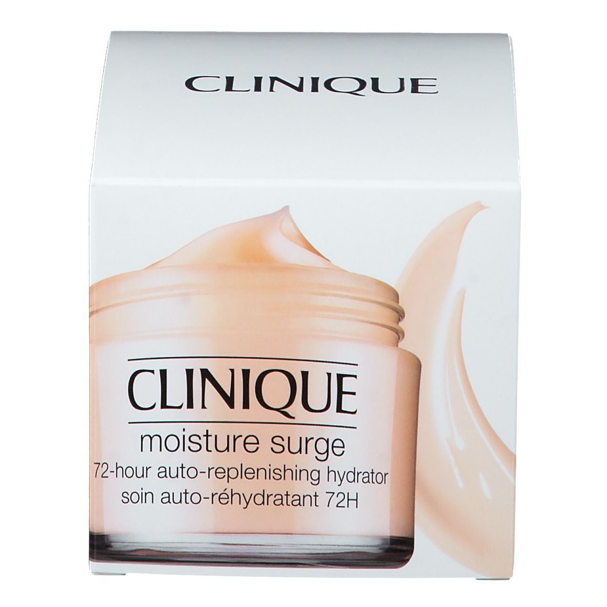 Boîte blanche avec image du produit. Inscription CLINIQUE, moisture surge, 72-hour auto-replenishing hydrator.