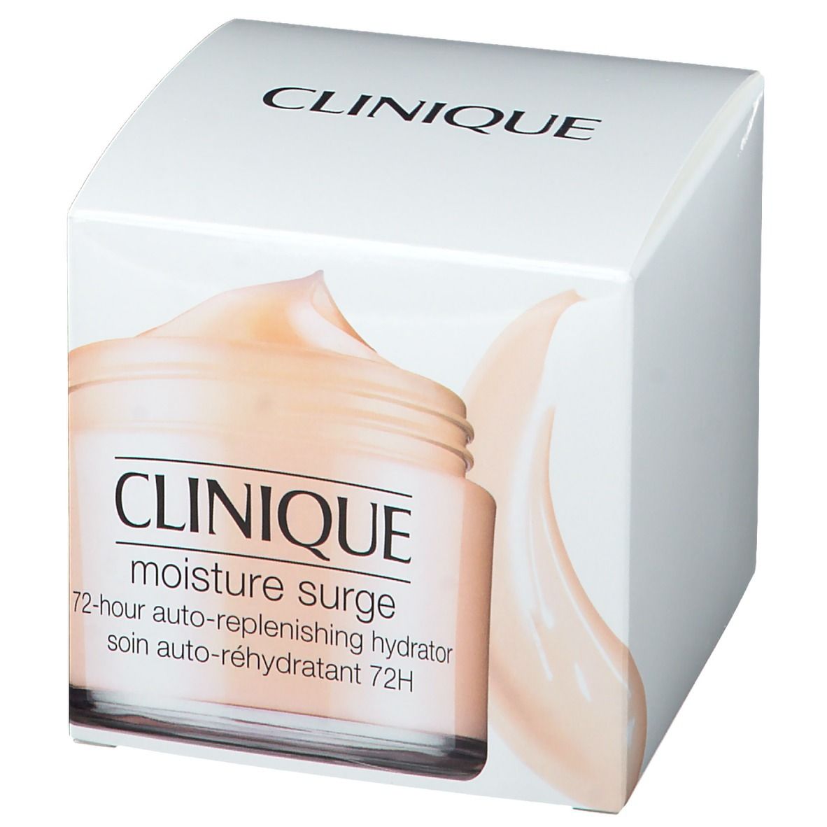 Boîte blanche avec image du produit. Inscription CLINIQUE, moisture surge, 72-hour auto-replenishing hydrator.