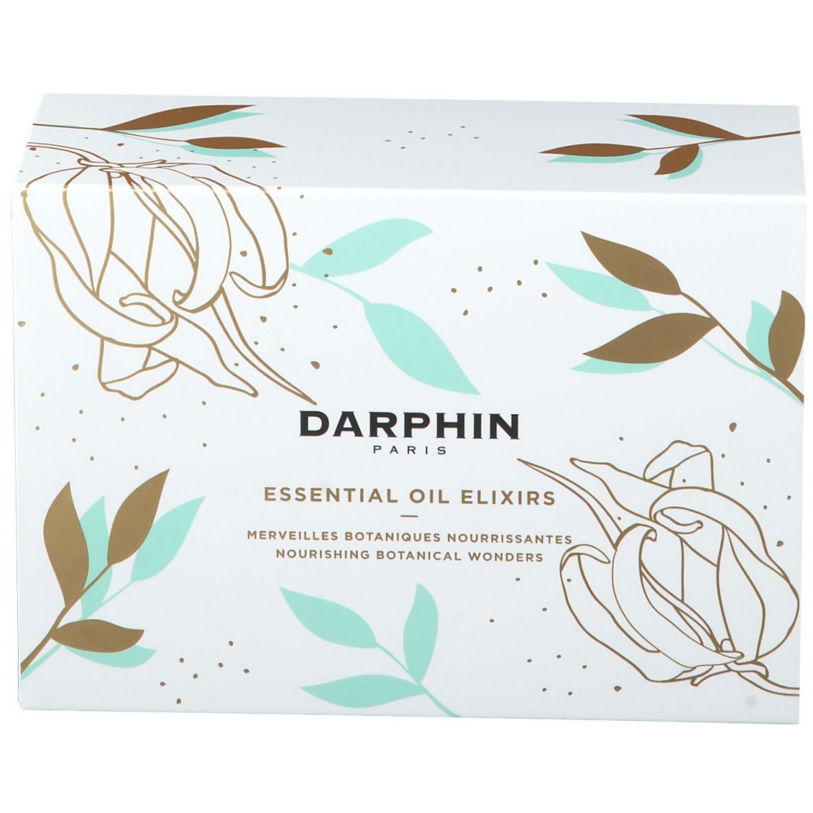 Witte doos met bloemenillustraties en tekst. Darphin-logo, « Essential Oil Elixirs » en « Nourishing Botanical Wonders ».