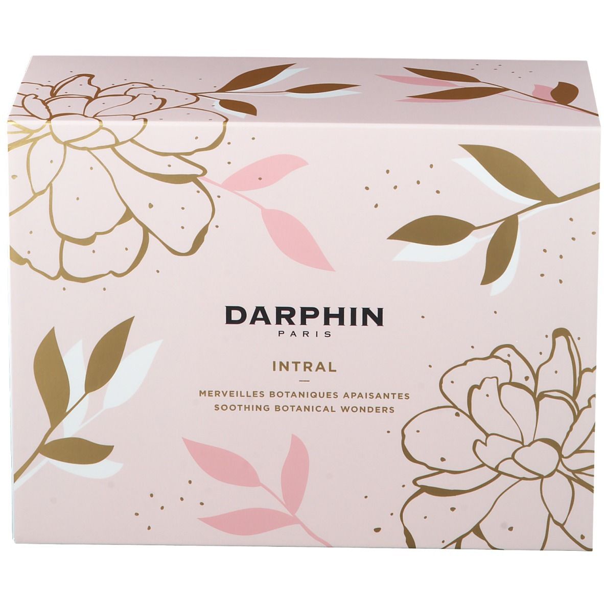 Rosa Geschenkbox mit floralen Motiven und Schriftzug DARPHIN PARIS INTRAL. Text: Merveilles botaniques apaisantes.