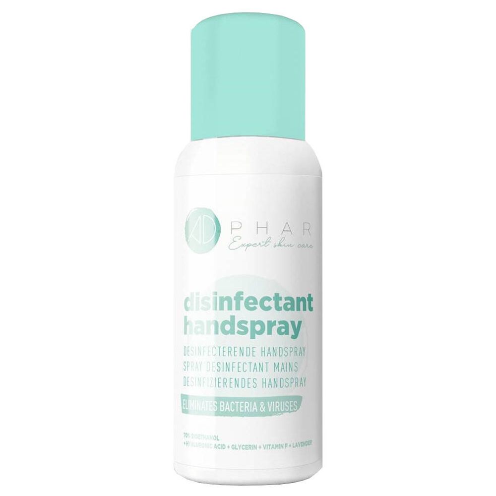 Witte fles met turquoise dop. Opschrift: 'disinfectant handspray'. Logo: AD PHAR.