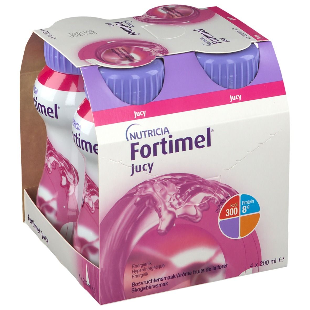 Verpakking met vier flessen. Opschrift: Fortimel Jucy, Nutricia. Paarse doppen, roze vloeistof. 300 kcal, 8g eiwit.