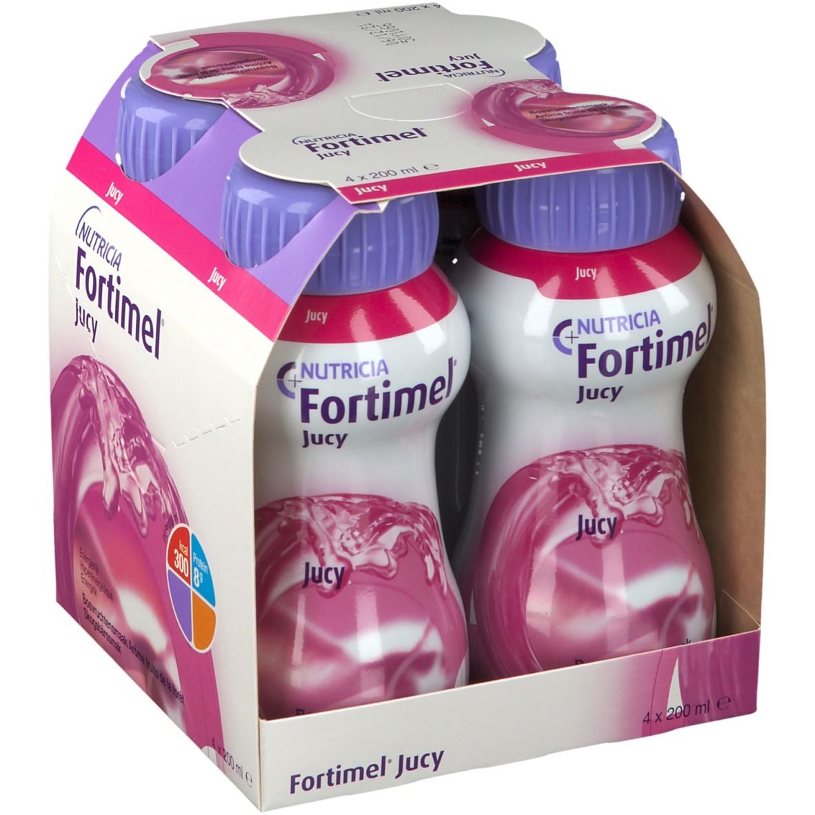 Verpakking met vier flessen. Opschrift: Fortimel Jucy, Nutricia. Paarse doppen, roze vloeistof. 300 kcal, 8g eiwit.