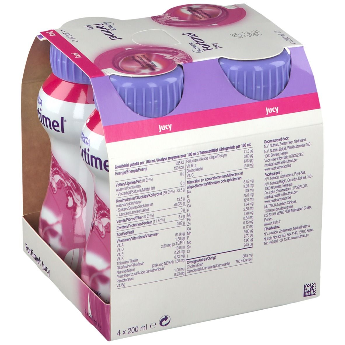 Achterkant van de verpakking met voedingswaarde. Opschrift: Fortimel Jucy, Nutricia. 4 x 200 ml. Ingrediëntenlijst.