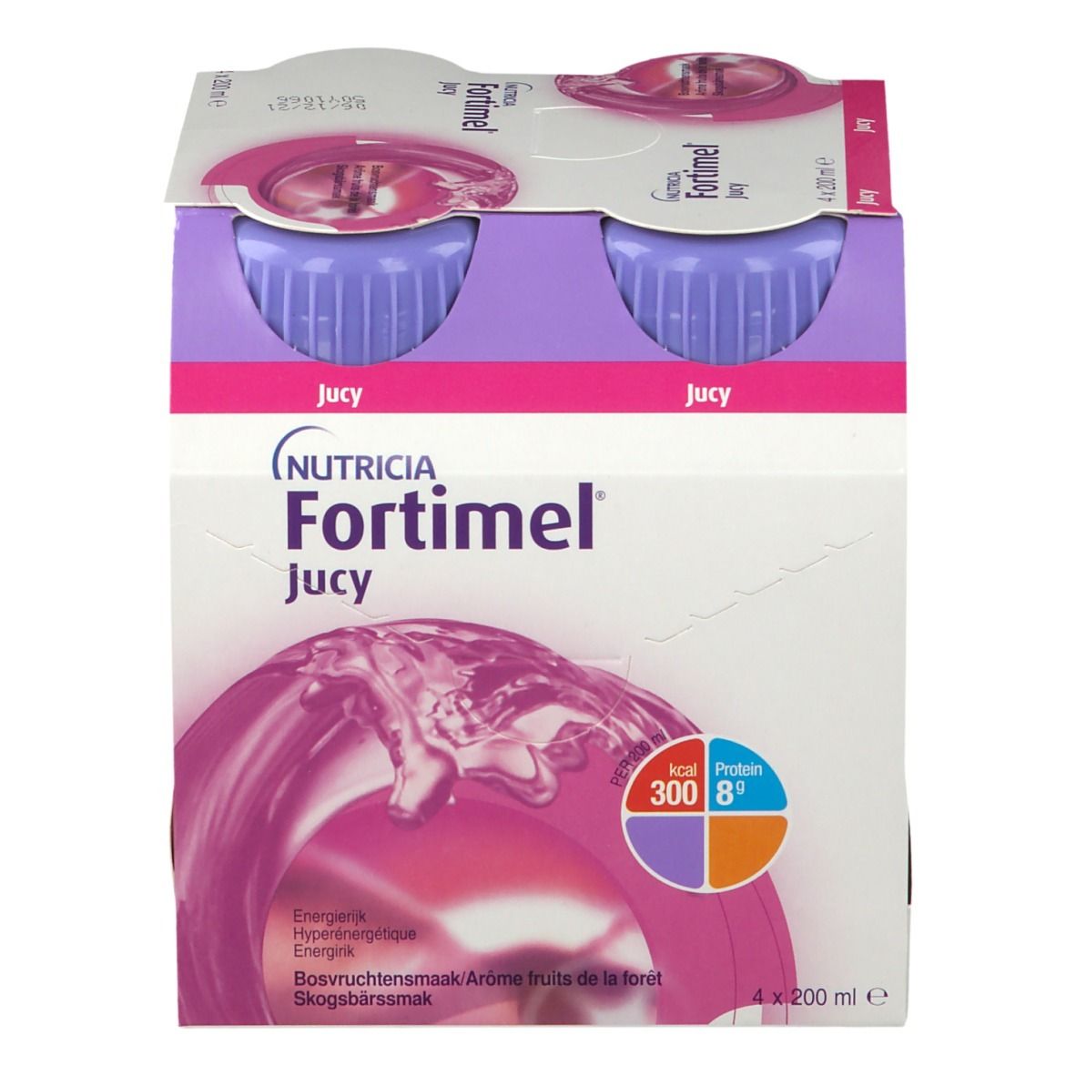 Verpakking met vier flessen. Opschrift: Fortimel Jucy, Nutricia. Paarse doppen, roze vloeistof. 300 kcal, 8g eiwit.