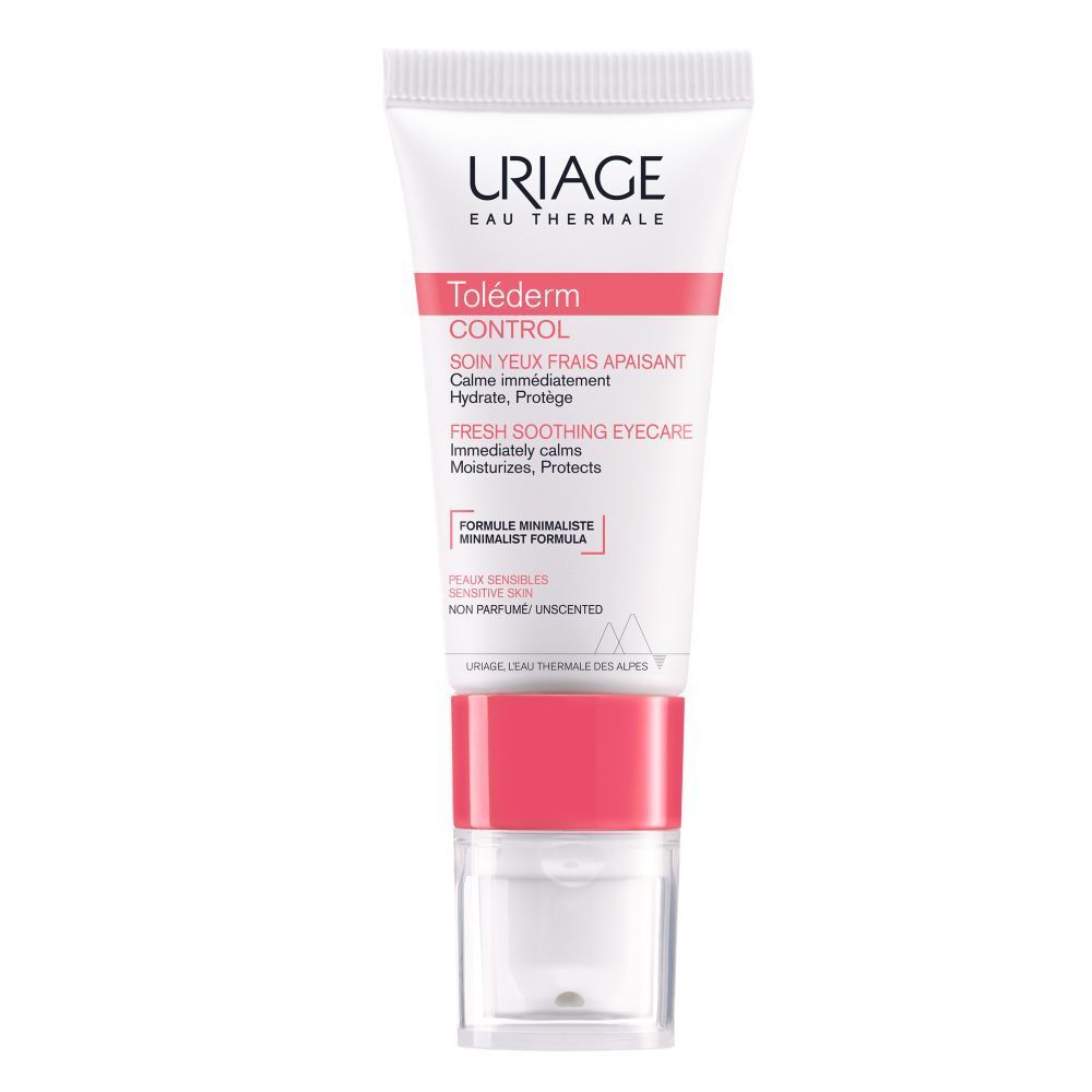 Uriage Toléderm Control oogverzorging. Tube wit, rode band, transparante dop. Franse tekst.
