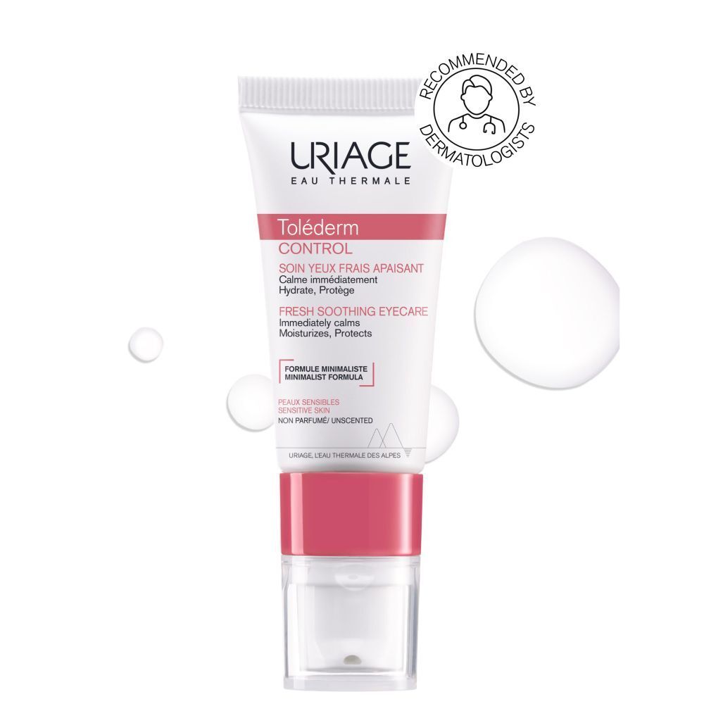 Uriage Toléderm Control oogverzorging. Tube wit, rode band, transparante dop. Franse tekst.