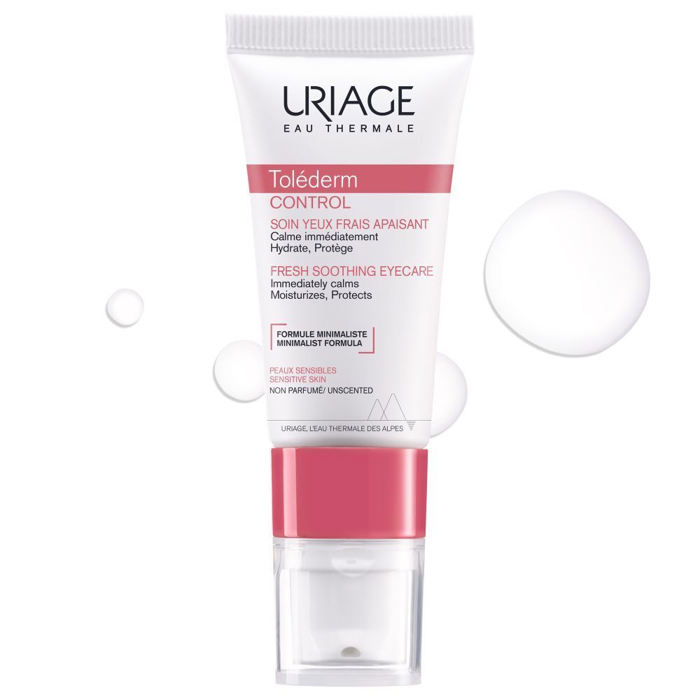 Uriage Toléderm Control oogverzorging. Tube wit, rode band, transparante dop. Franse tekst.