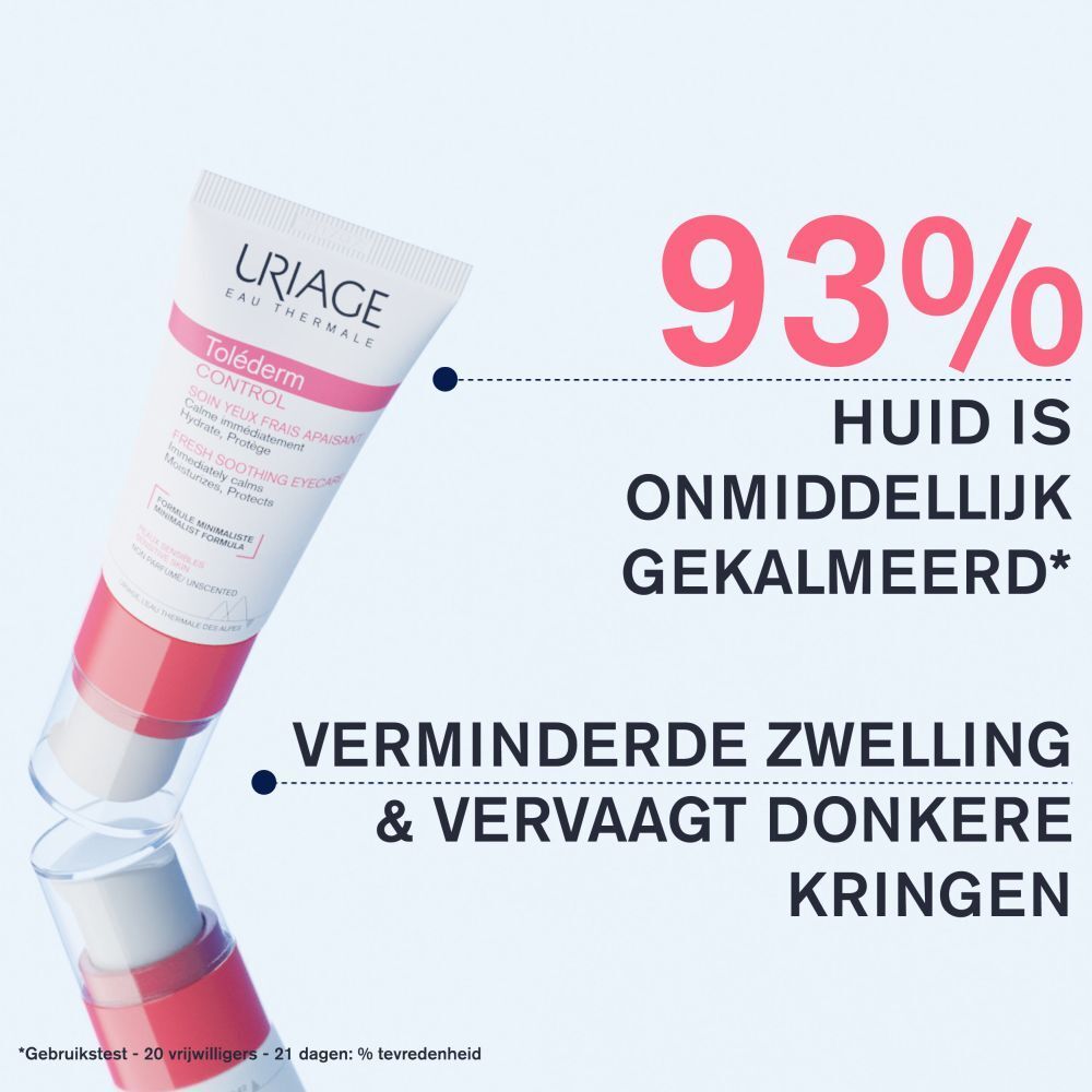 Achterkant verpakking. Meertalige tekst. Uriage Toléderm Control oogverzorging.