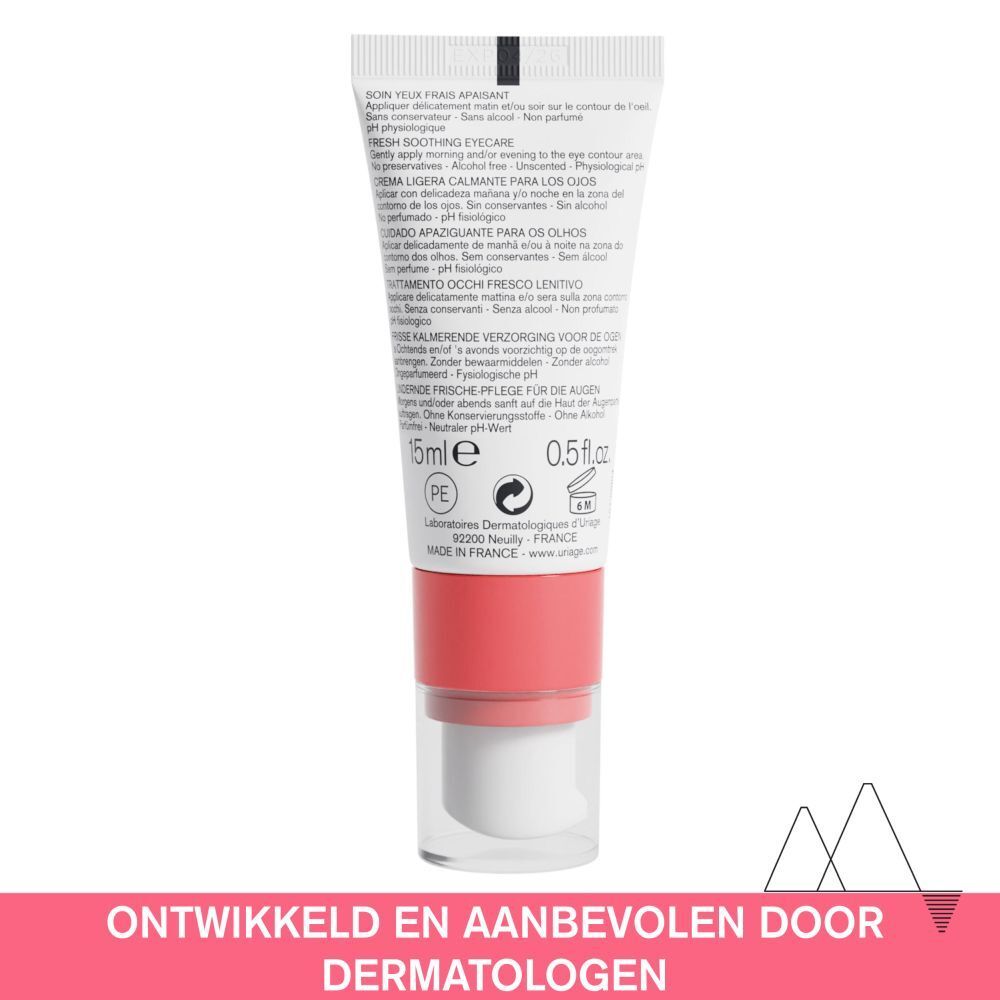 Achterkant verpakking. Meertalige tekst. Uriage Toléderm Control oogverzorging.