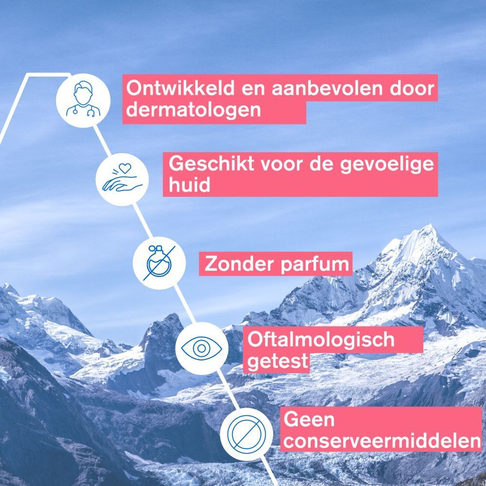 Achterkant verpakking. Meertalige tekst. Uriage Toléderm Control oogverzorging.