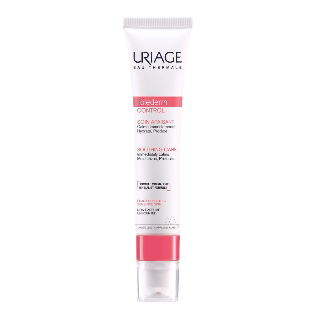 Witte en roze tube URIAGE Toléderm CONTROL. Tekst: Soin Apaisant, Soothing Care. Zonder parfum.