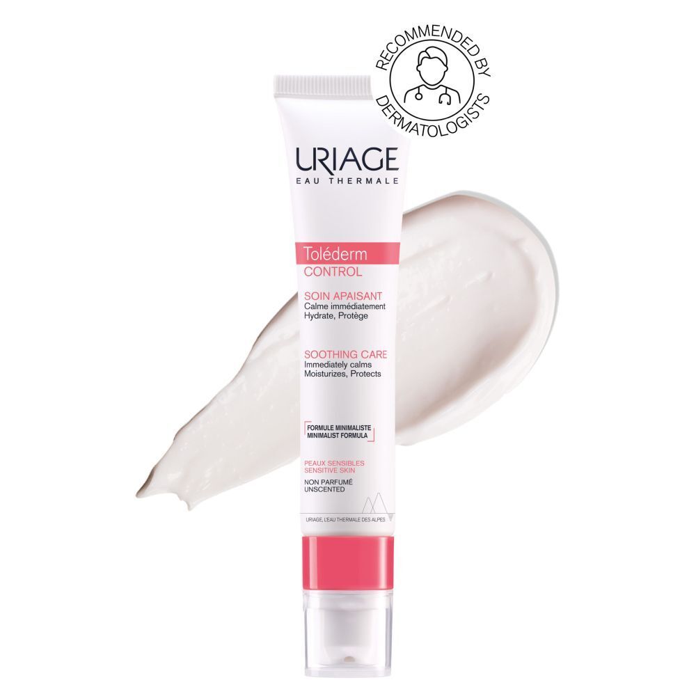 Witte en roze tube URIAGE Toléderm CONTROL. Tekst: Soin Apaisant, Soothing Care. Zonder parfum. Met applicator.