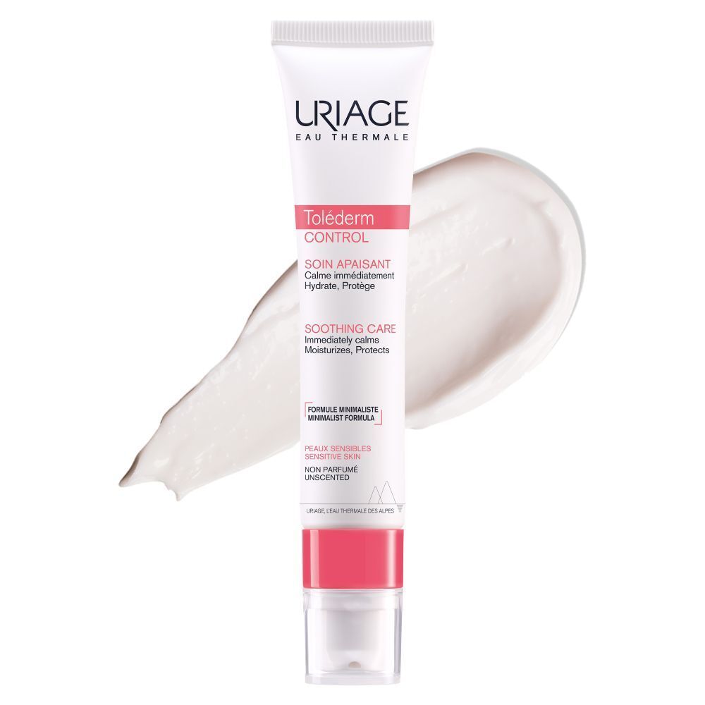 Witte en roze tube URIAGE Toléderm CONTROL en crème. Tekst: Soin Apaisant, Soothing Care. Zonder parfum.
