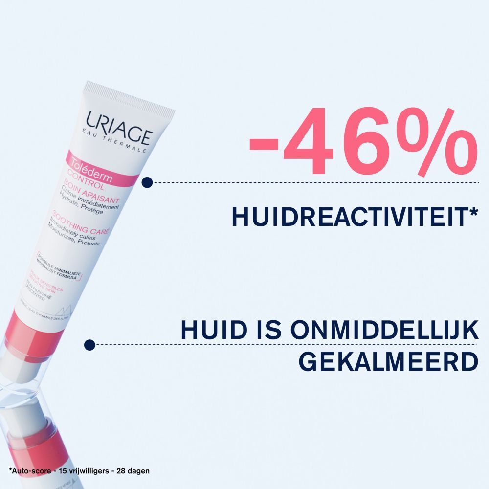 Grafiek met URIAGE Toléderm CONTROL. Tekst: -46% huidreactiviteit. De huid is onmiddellijk gekalmeerd.