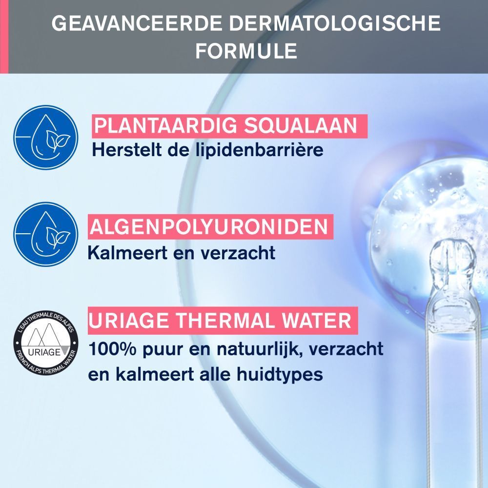 Grafiek met ingrediënten URIAGE Toléderm CONTROL. Tekst: Plantaardig squalaan, algenpolyuroniden, thermaal water.