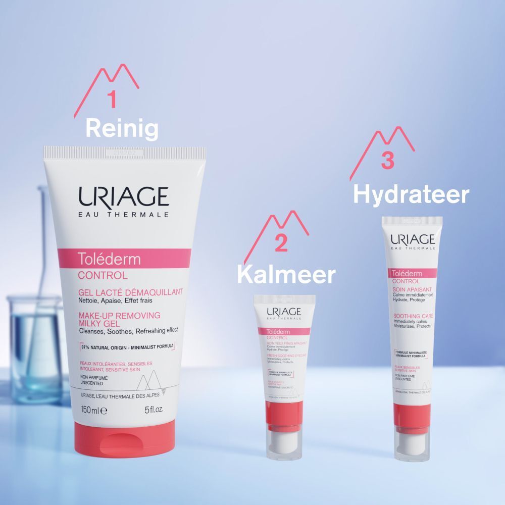 Drie producten URIAGE: Reinigen, Kalmeren, Hydrateren. Tekst: Toléderm CONTROL.