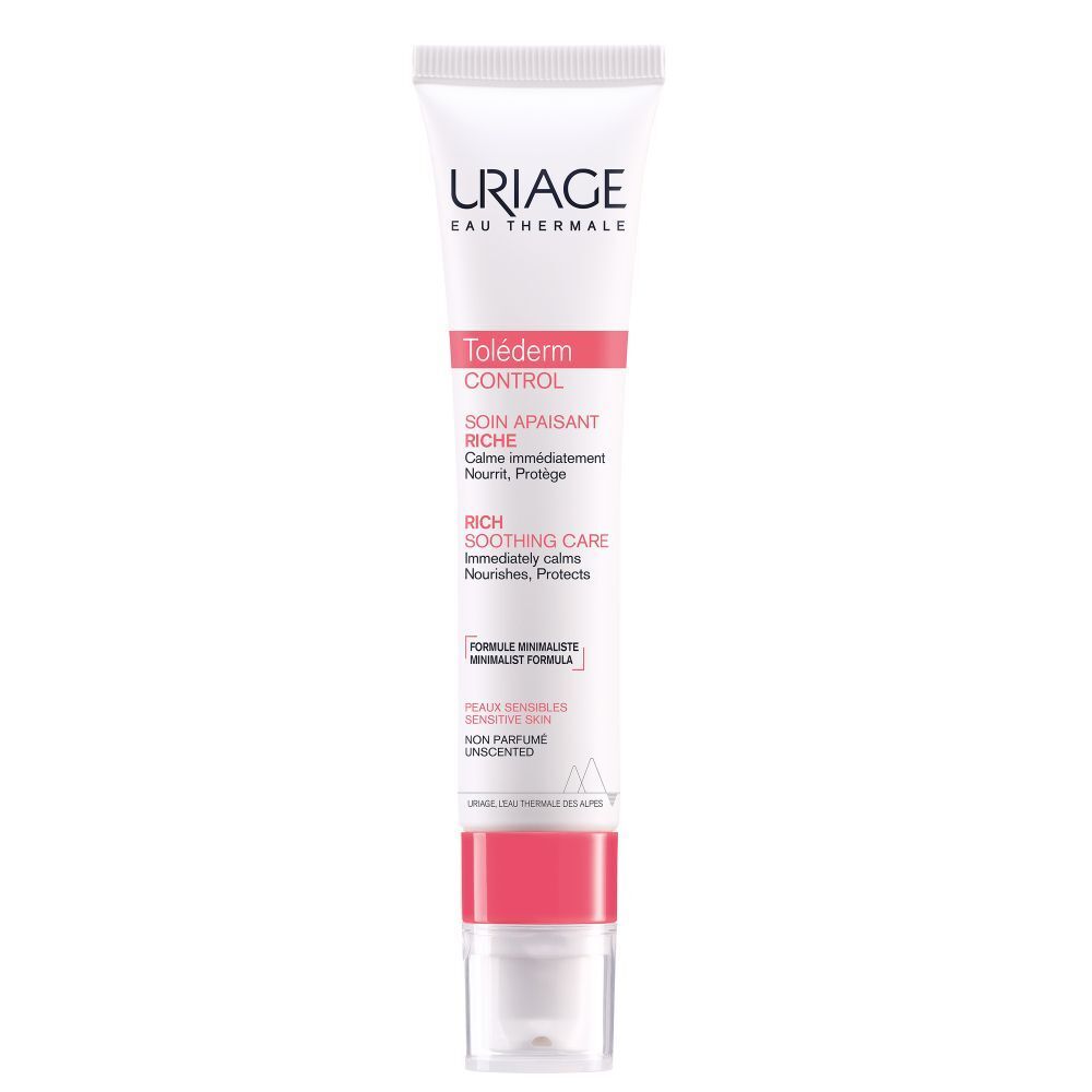 Witte tube met rode tekst. Uriage-logo. Productnaam: Toléderm Control. Tekst: Rich Soothing Care. Zonder parfum.