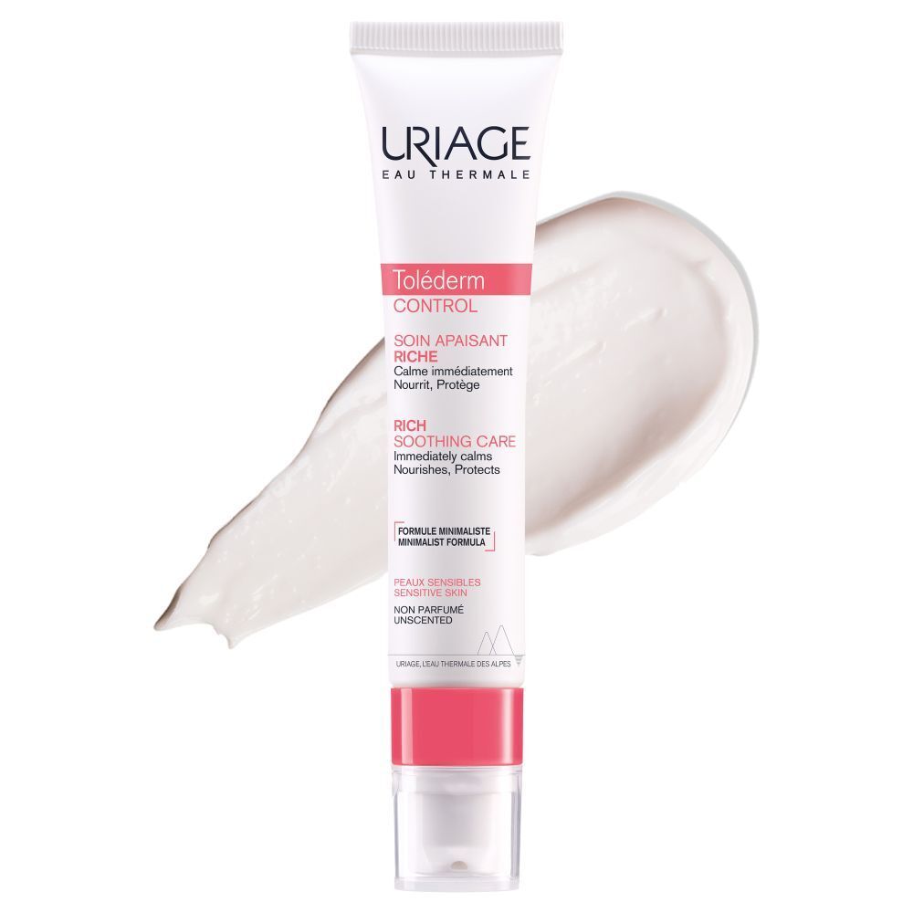 Witte tube met crème. Uriage-logo. Productnaam: Toléderm Control. Tekst: Rich Soothing Care. Zonder parfum.