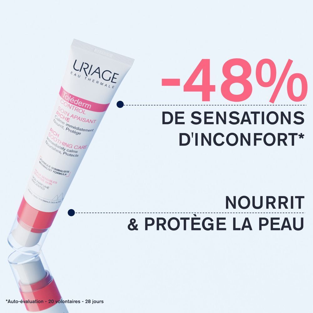 Tube et emballage. Logo Uriage. Nom du produit: Toléderm Control. Texte: Rich Soothing Care. 40ml. 1.35 fl.oz.