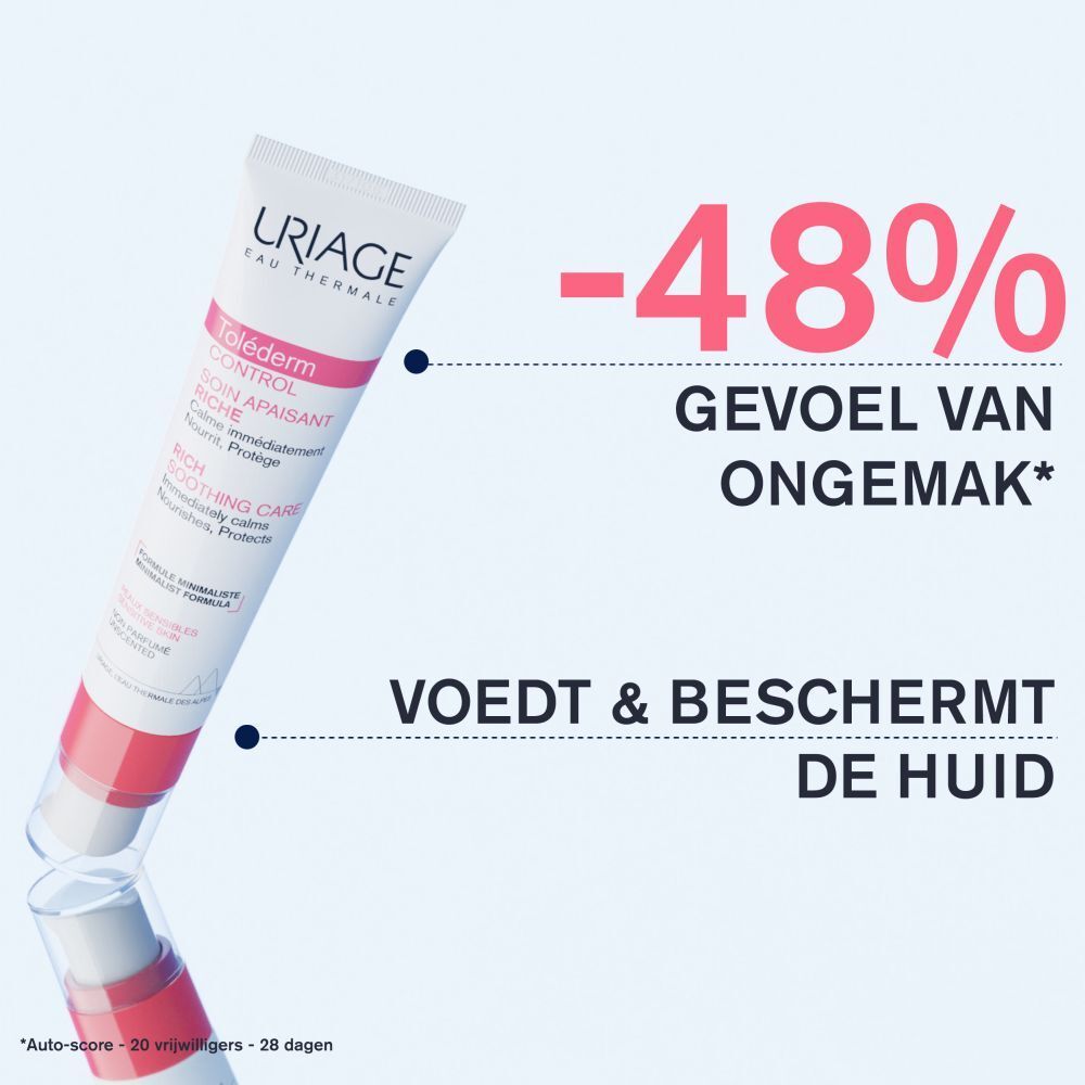 Verpakking. Uriage-logo. Productnaam: Toléderm Control. Tekst: Rich Soothing Care. 40ml. 1.35 fl.oz.