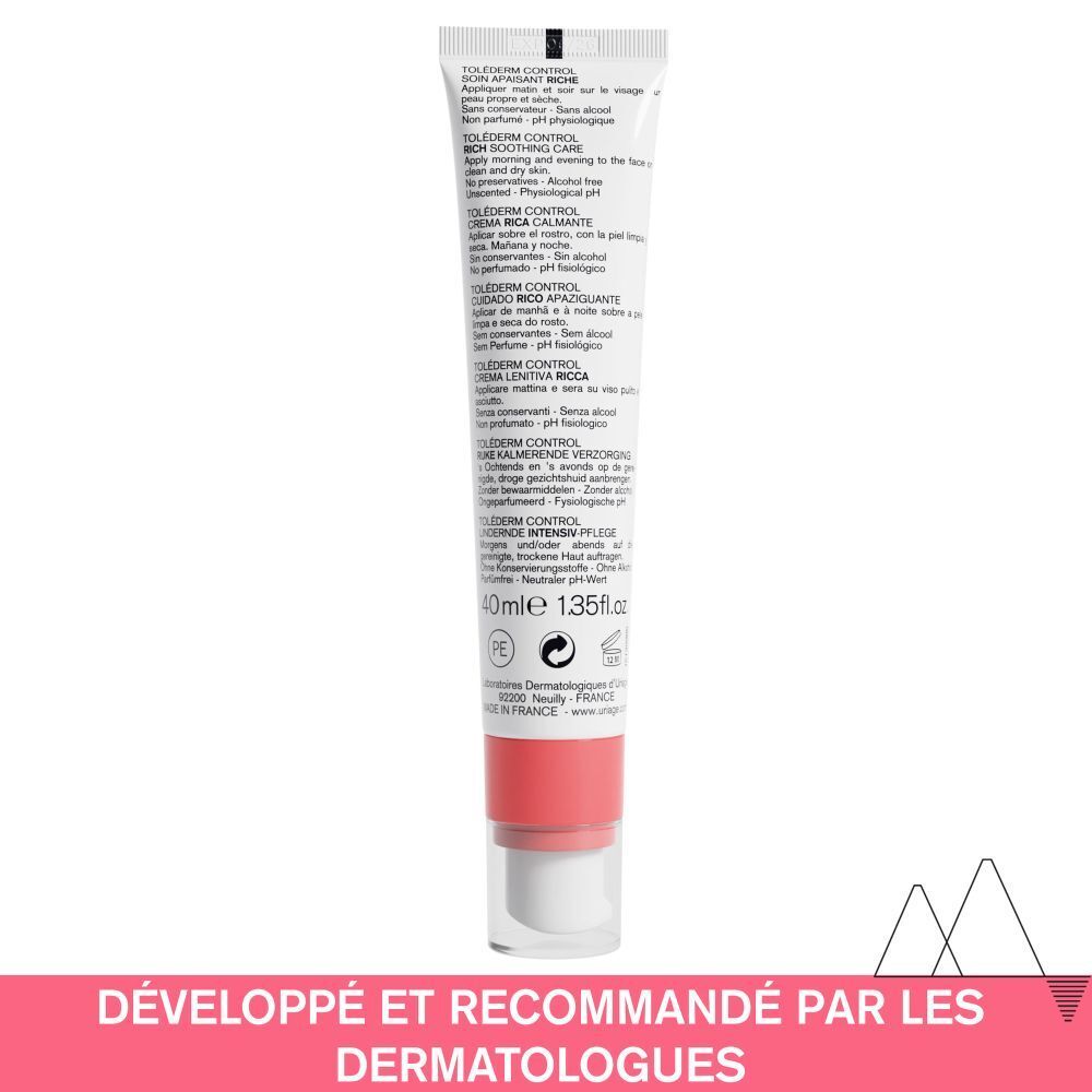 Emballage. Logo Uriage. Nom du produit: Toléderm Control. Texte: Rich Soothing Care. 40ml. 1.35 fl.oz.
