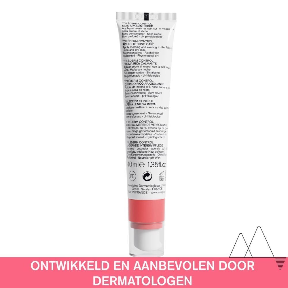 Verpakking. Uriage-logo. Productnaam: Toléderm Control. Tekst: Rich Soothing Care. 40ml. 1.35 fl.oz.