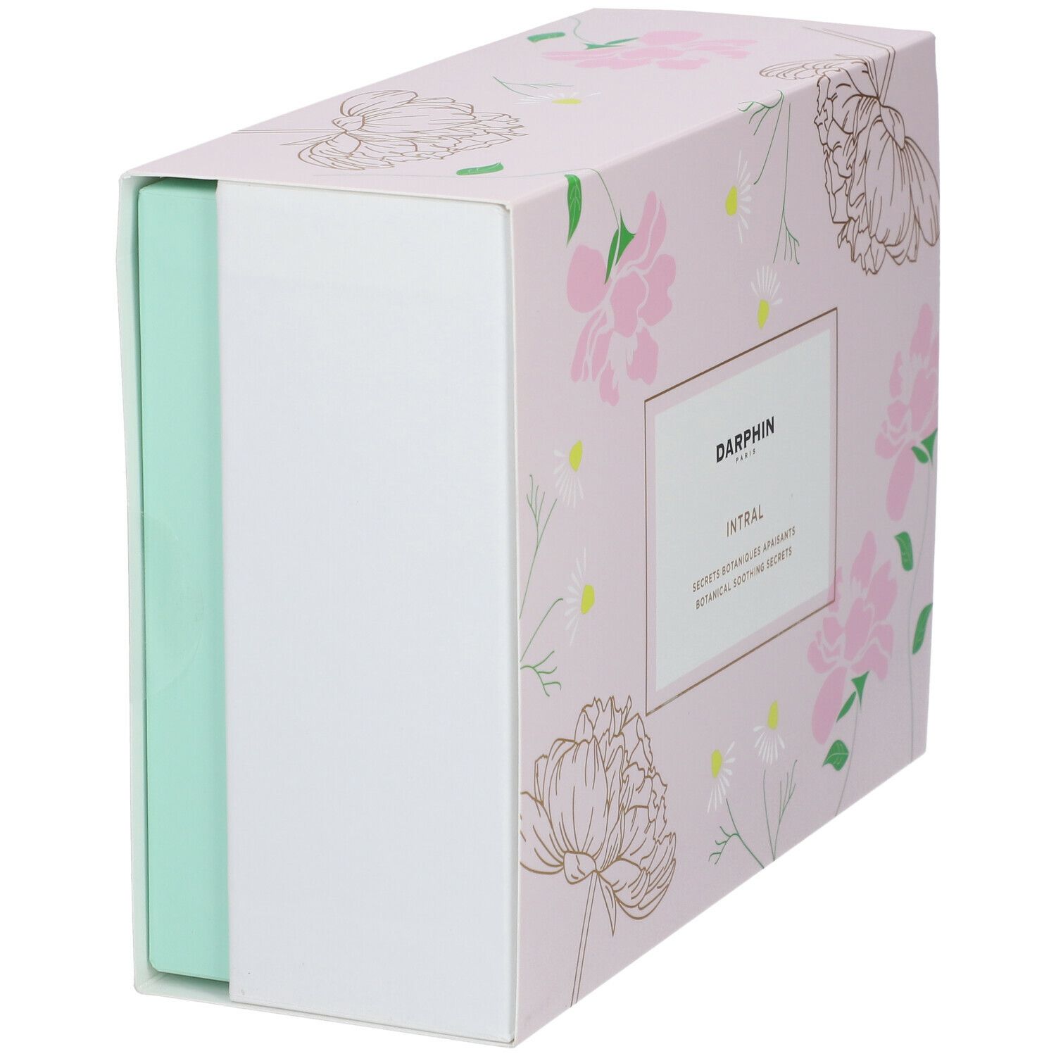 Geschenkset, rosa floral, teilweise geöffnet. DARPHIN INTRAL. Innen: weiß und mintgrün. Rechteckige Verpackung.