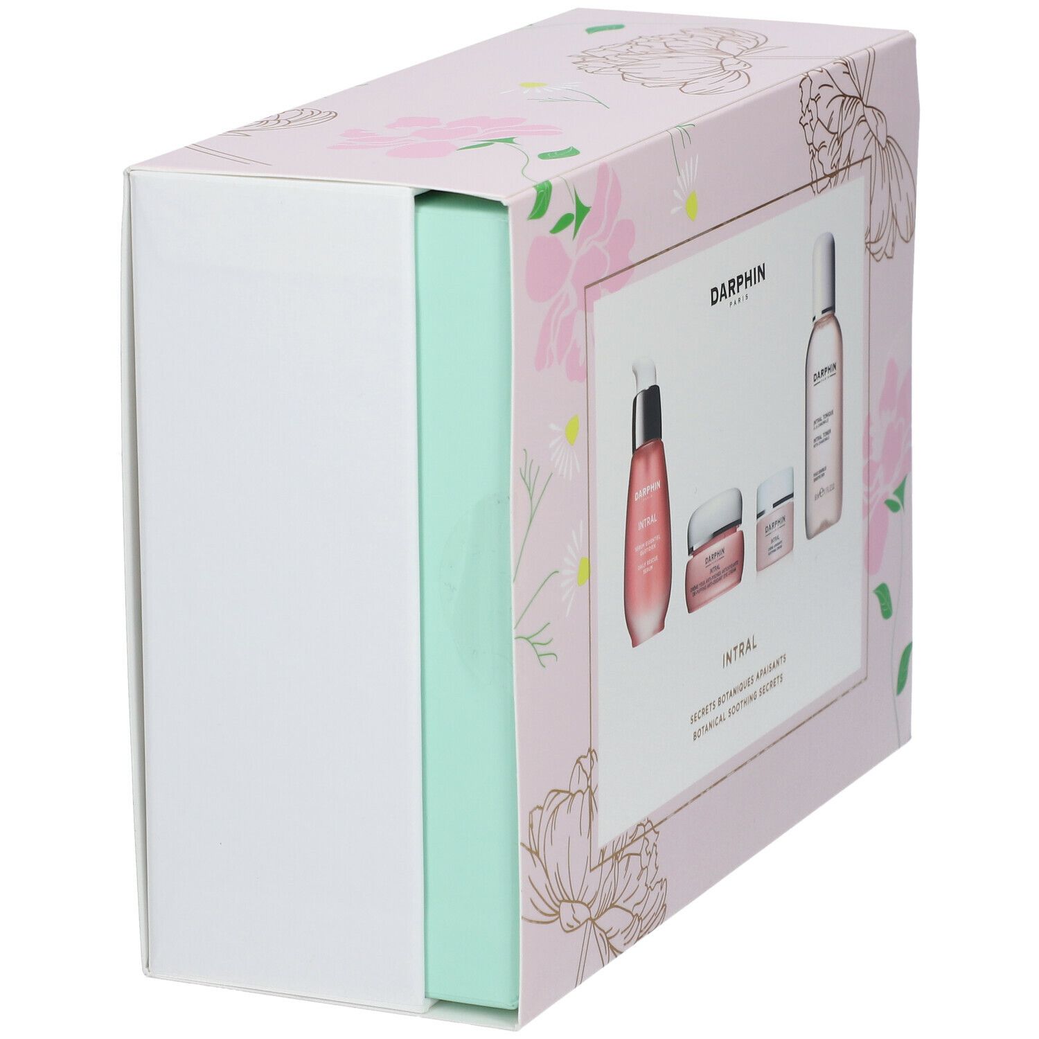 Geschenkset, teilweise geöffnet. Rosa floral. DARPHIN INTRAL. Produkte sichtbar. Rechteckige Verpackung.